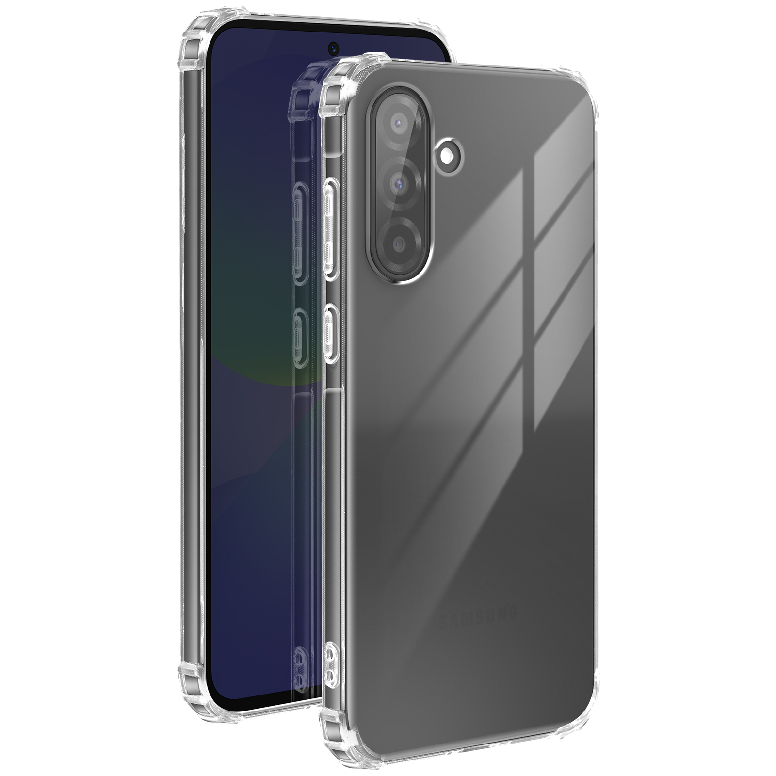 Coque transparente couvrant l'arrière du téléphone, avec découpes pour l'appareil photo et écran noir visible.