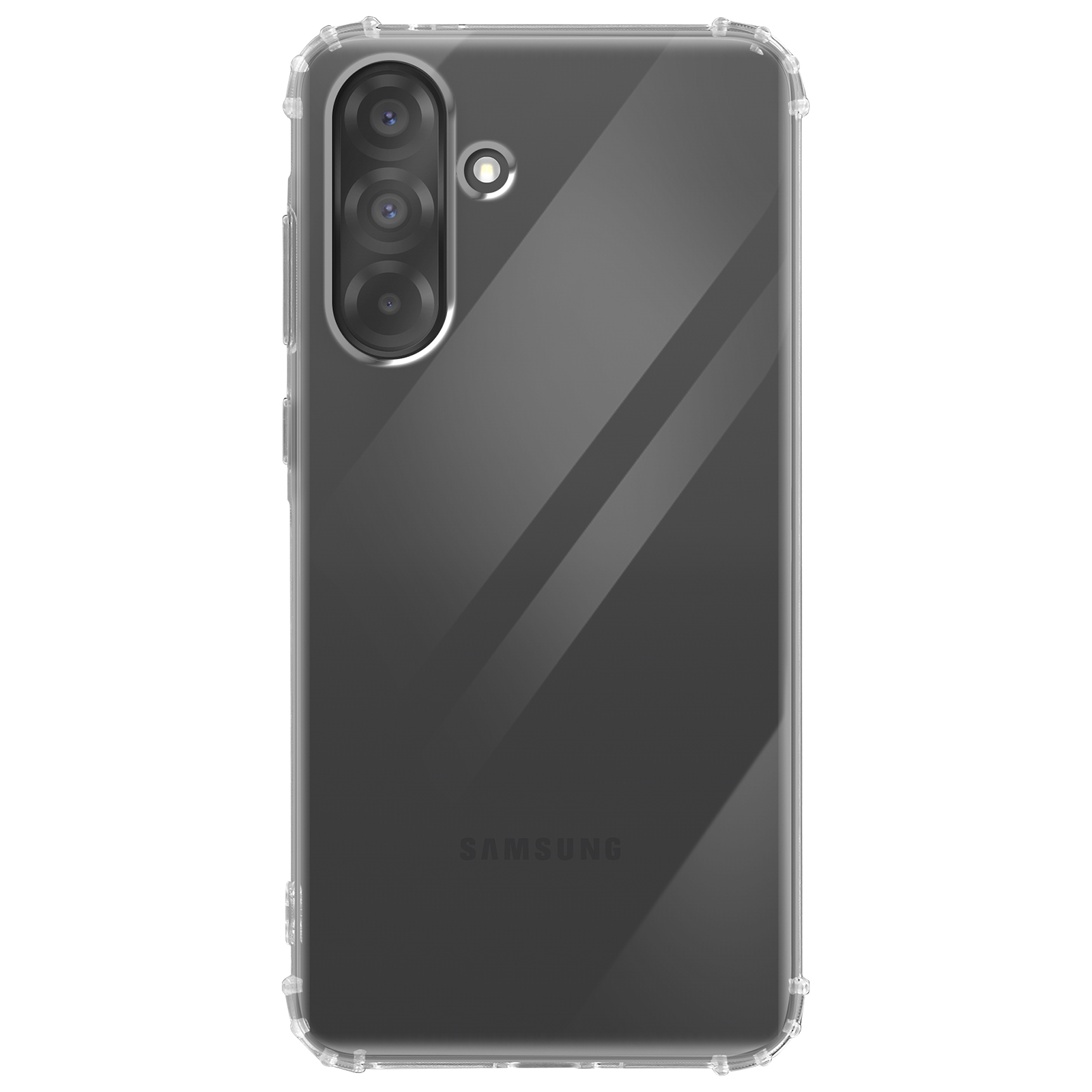 Coque de téléphone transparente, avec un téléphone noir à l'intérieur, montrant les objectifs de l'appareil photo.