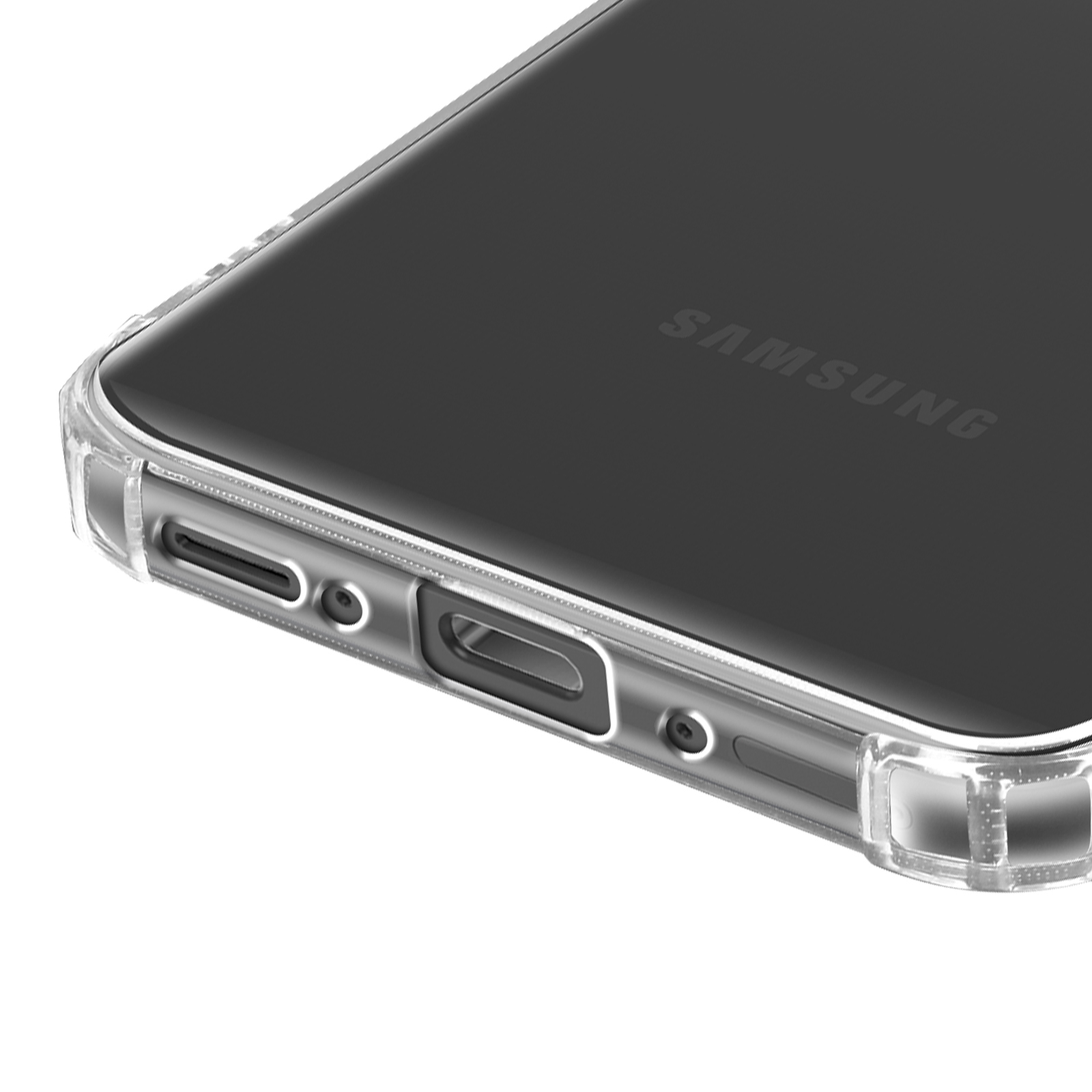 Gros plan sur un téléphone dans une coque transparente, l'écran est visible avec le logo Samsung.