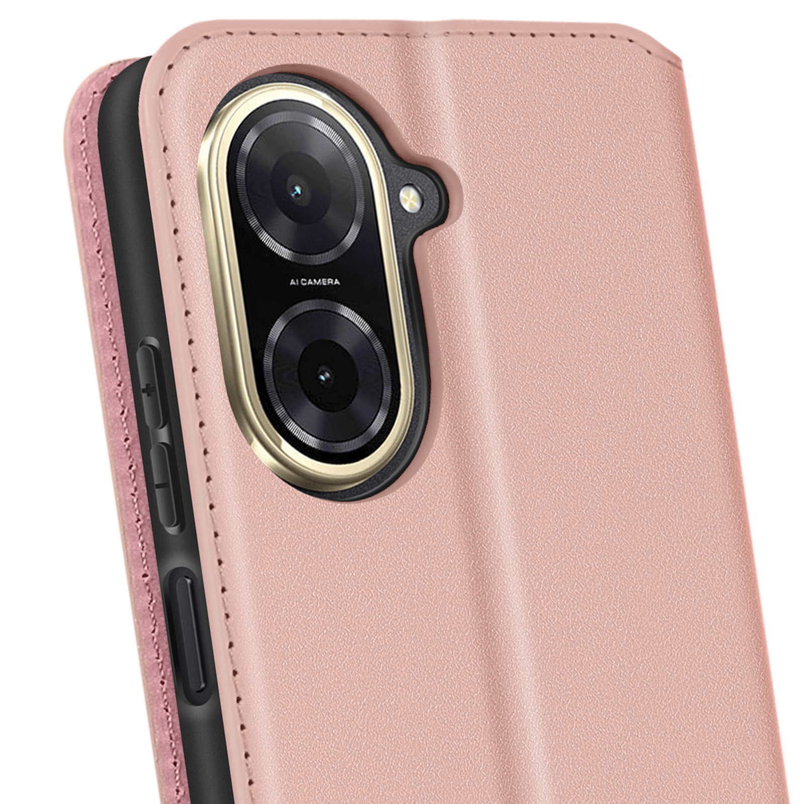 Dettaglio della custodia rosa del telefono. Primo piano del modulo fotocamera con anello dorato, texture in pelle rosa.