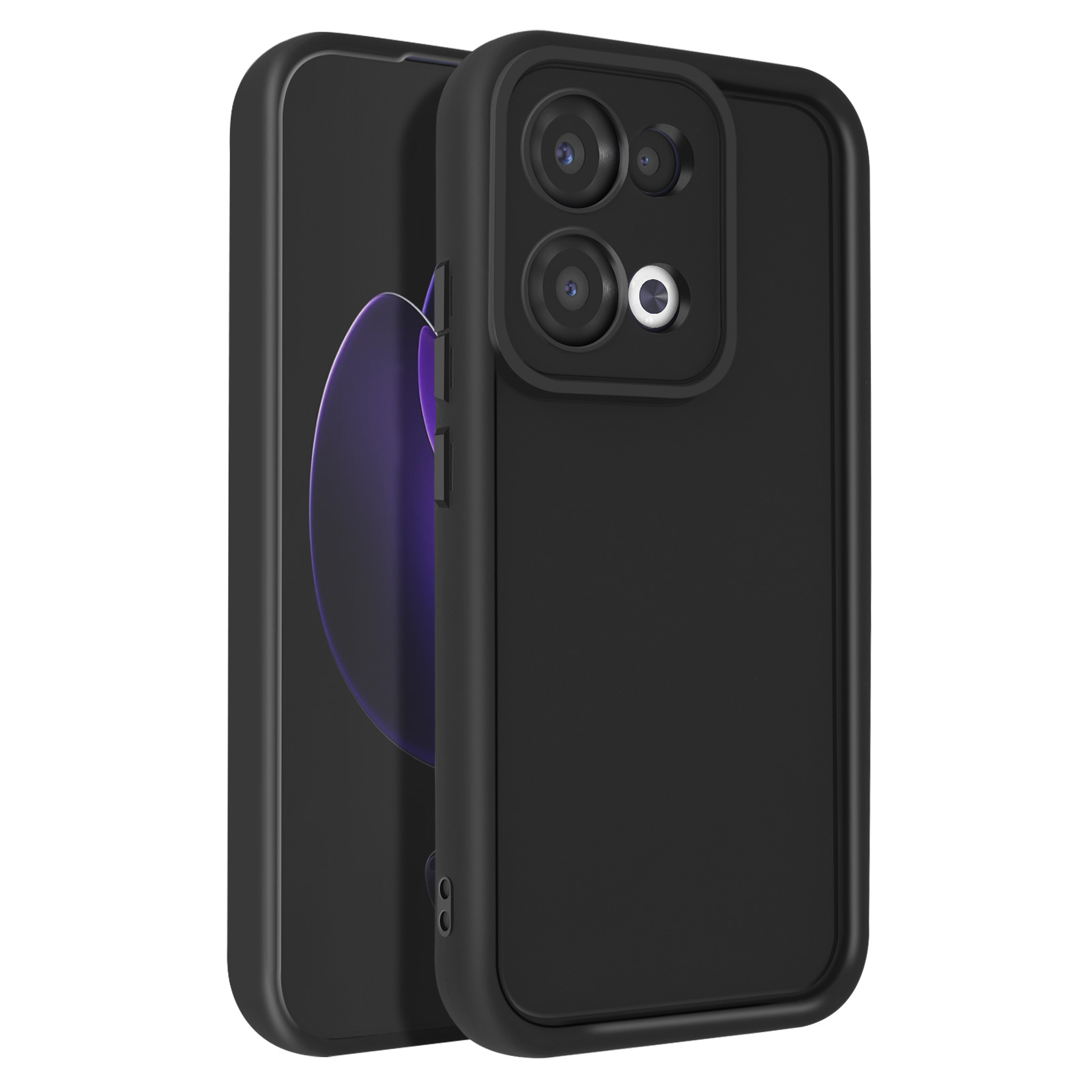 Custodia nera per telefono che copre la parte posteriore del telefono, con ritagli per la fotocamera e schermo nero visibile.