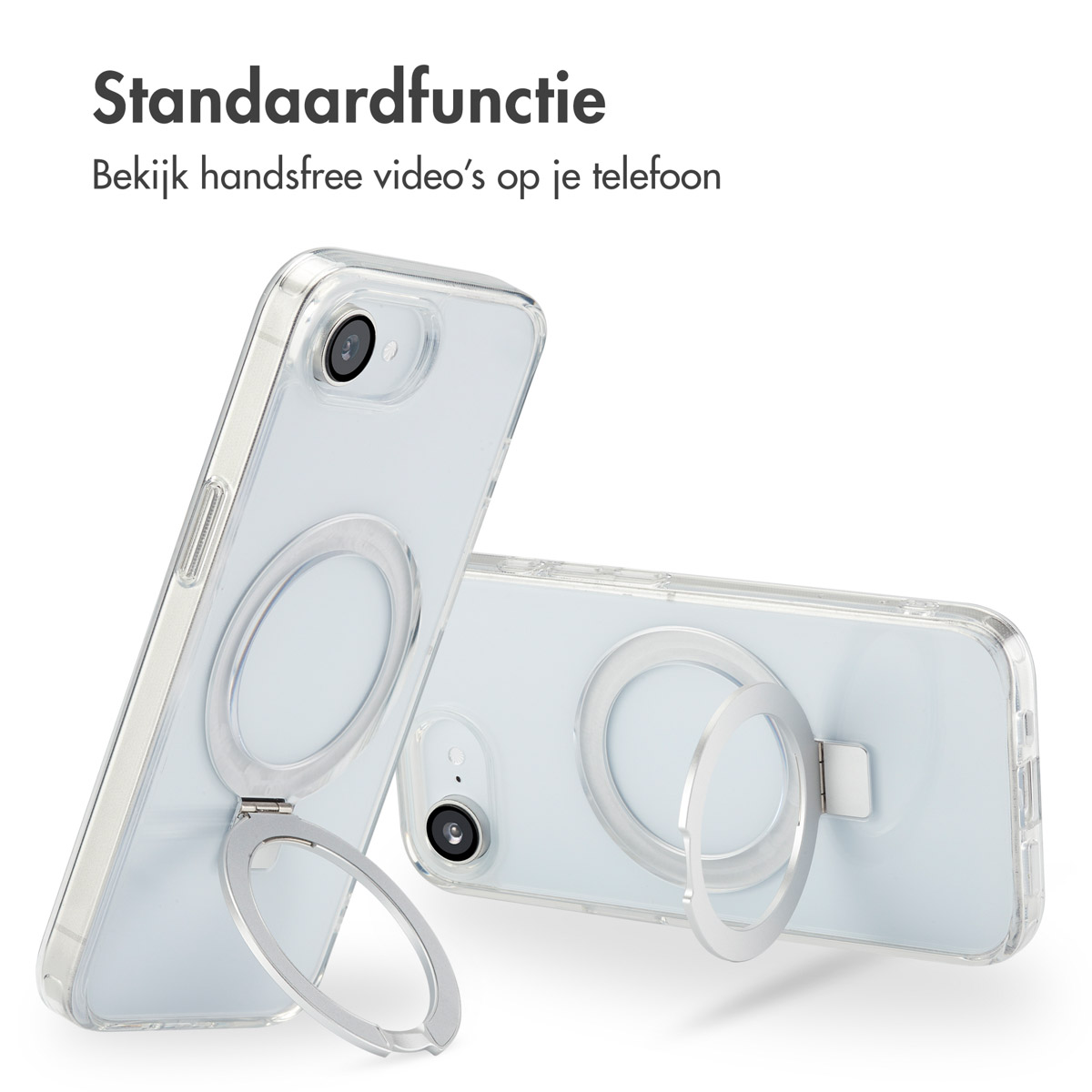 Coques de téléphone transparentes avec supports de bague, une debout, une couchée, démontrant l'utilisation mains libres.