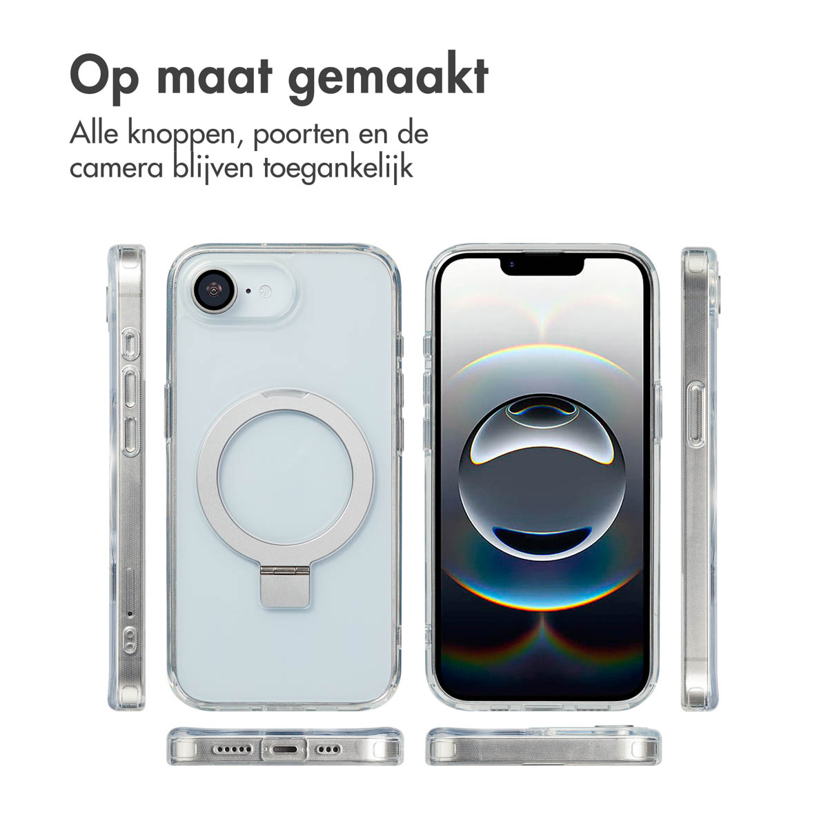 Plusieurs vues d'une coque de téléphone transparente avec un support de bague. Texte: 'Sur mesure'.