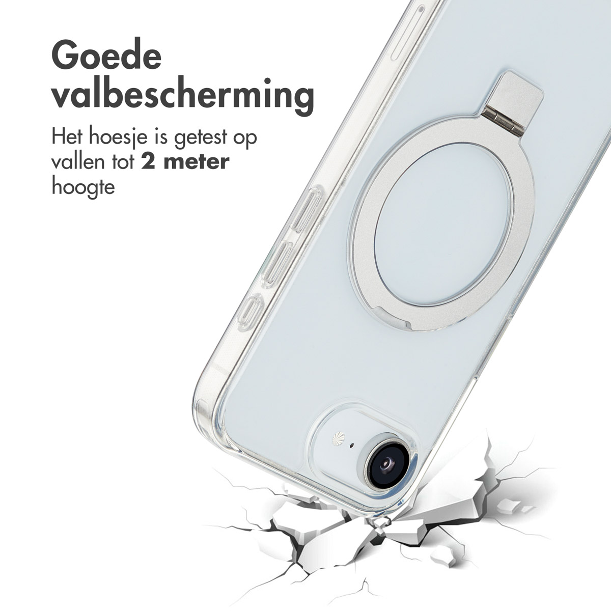 Coque transparente avec anneau, téléphone légèrement incliné, texte sur la protection contre les chutes et sol fissuré.