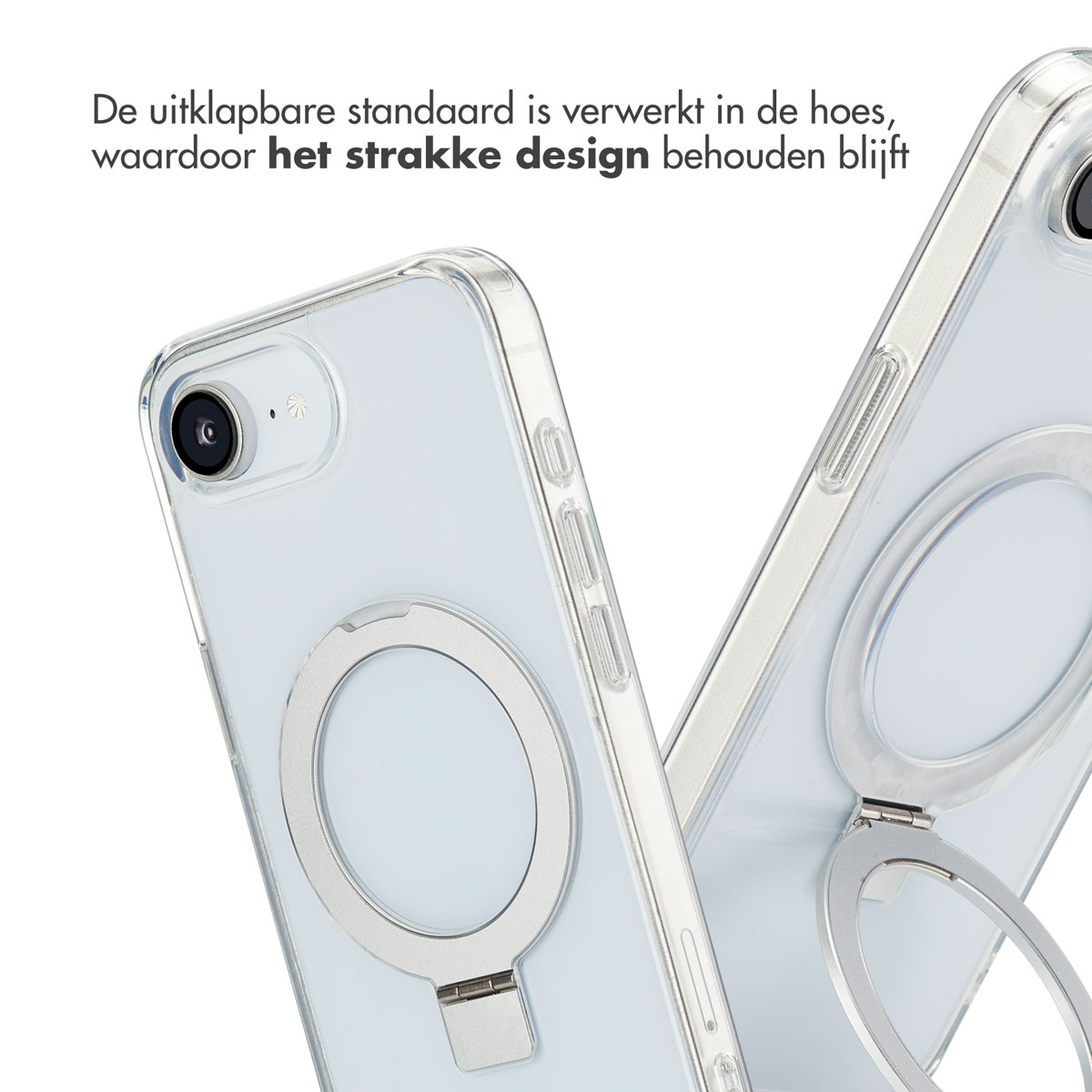Deux coques de téléphone transparentes avec un support de bague argenté, en angle. Texte : 'Le support est intégré'.