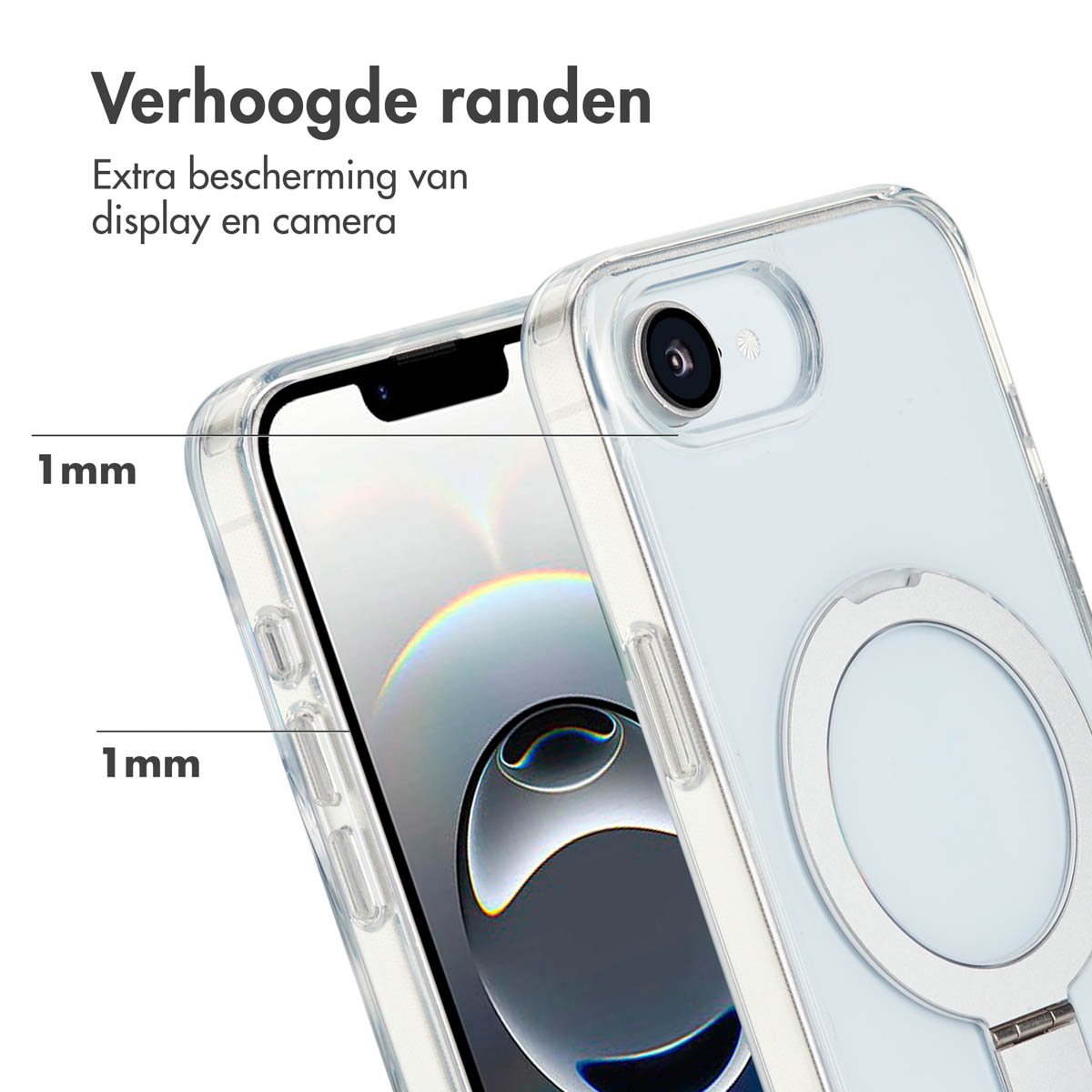 Coque de téléphone avec bords transparents et support de bague argenté. Le texte montre 1 mm et une protection supplémentaire.
