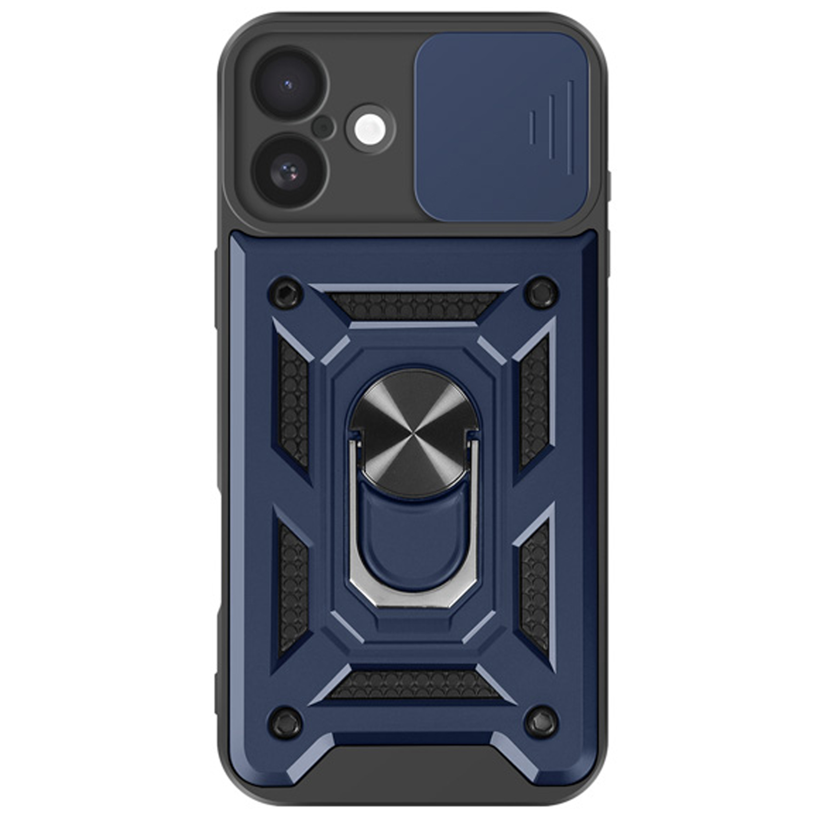 Custodia per telefono blu e nera con supporto ad anello e copertura per fotocamera.