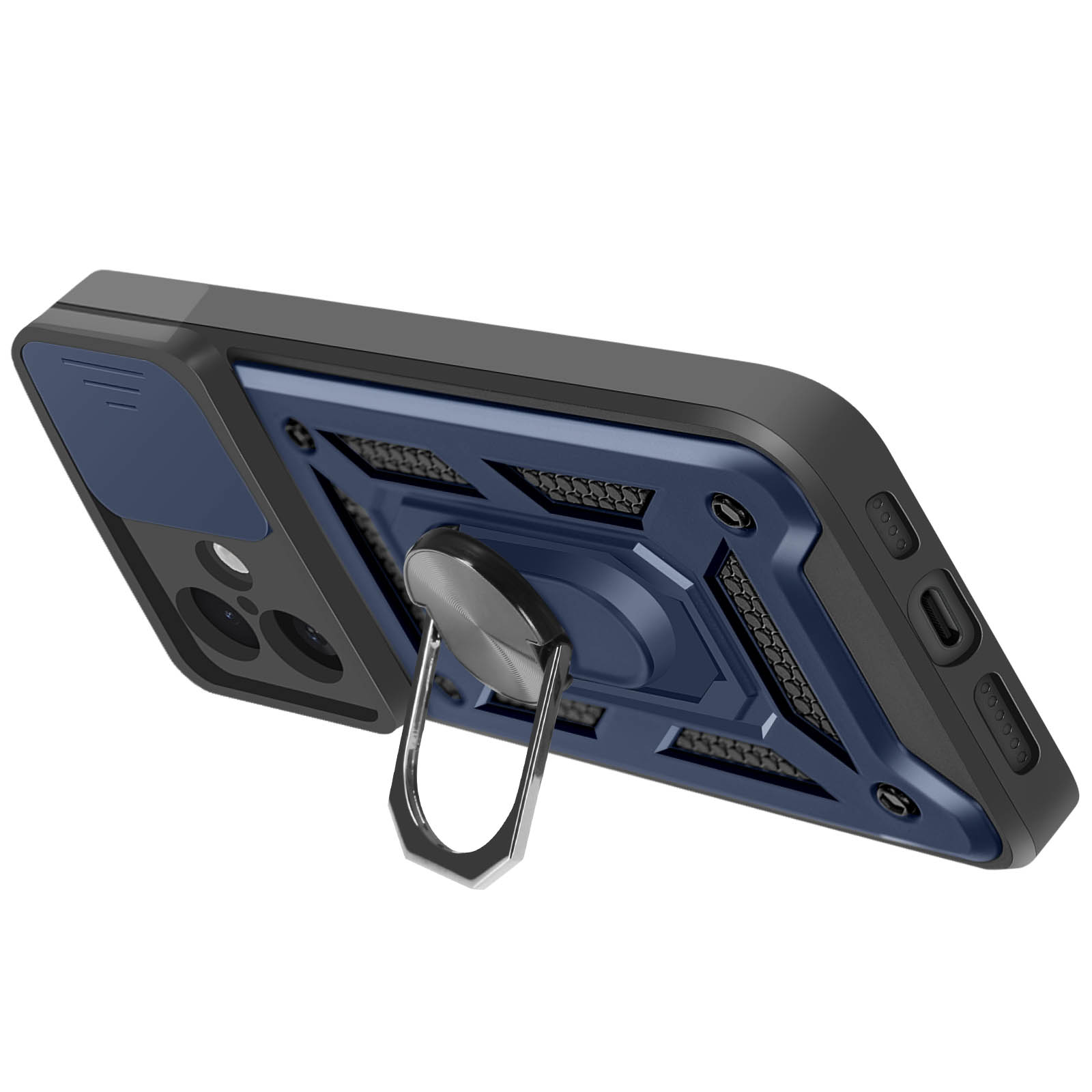 Custodia nera per telefono con centro blu e supporto ad anello. Il supporto è argentato.