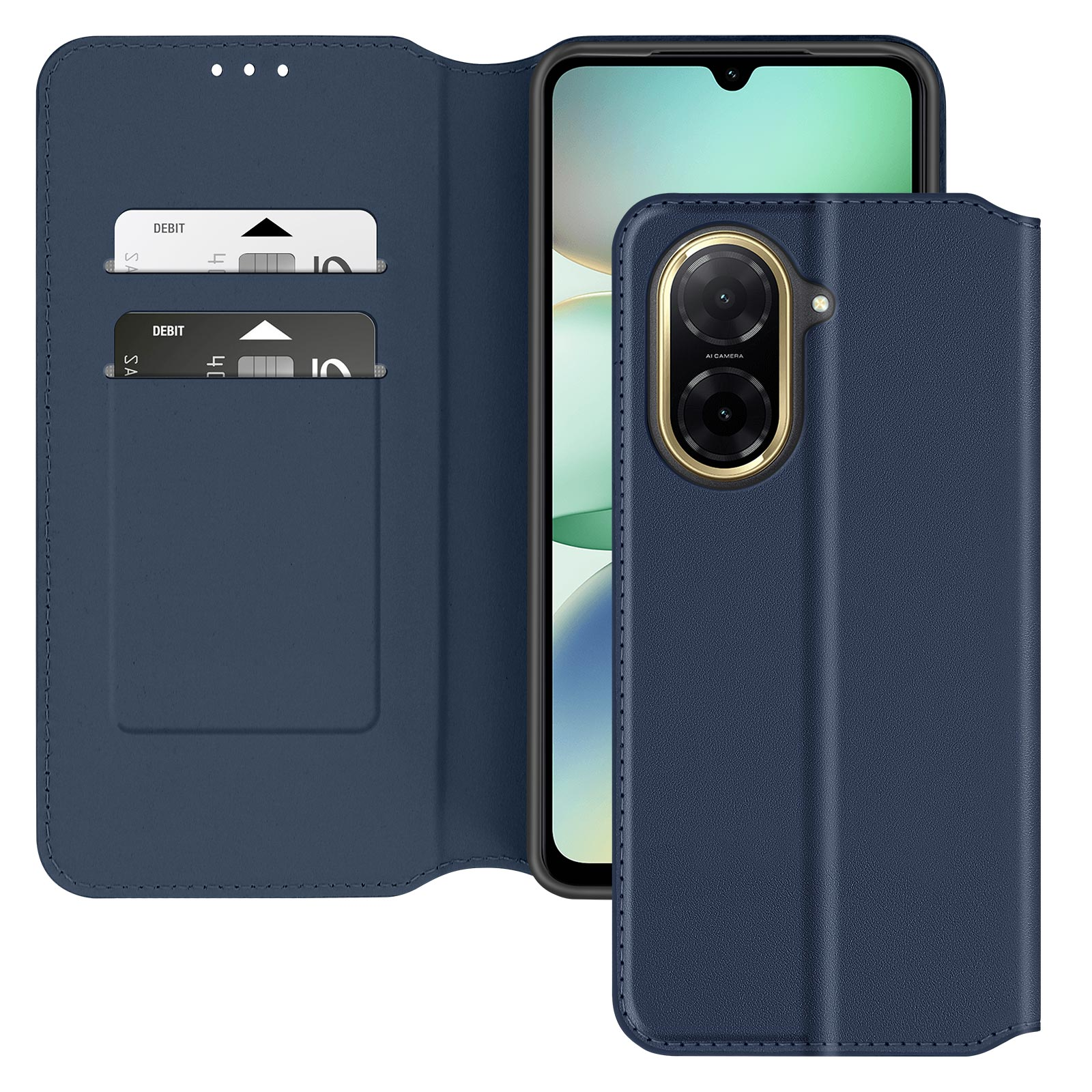 Custodia per telefono blu con coperchio aperto, due carte di debito all'interno. Il telefono ha una fotocamera.