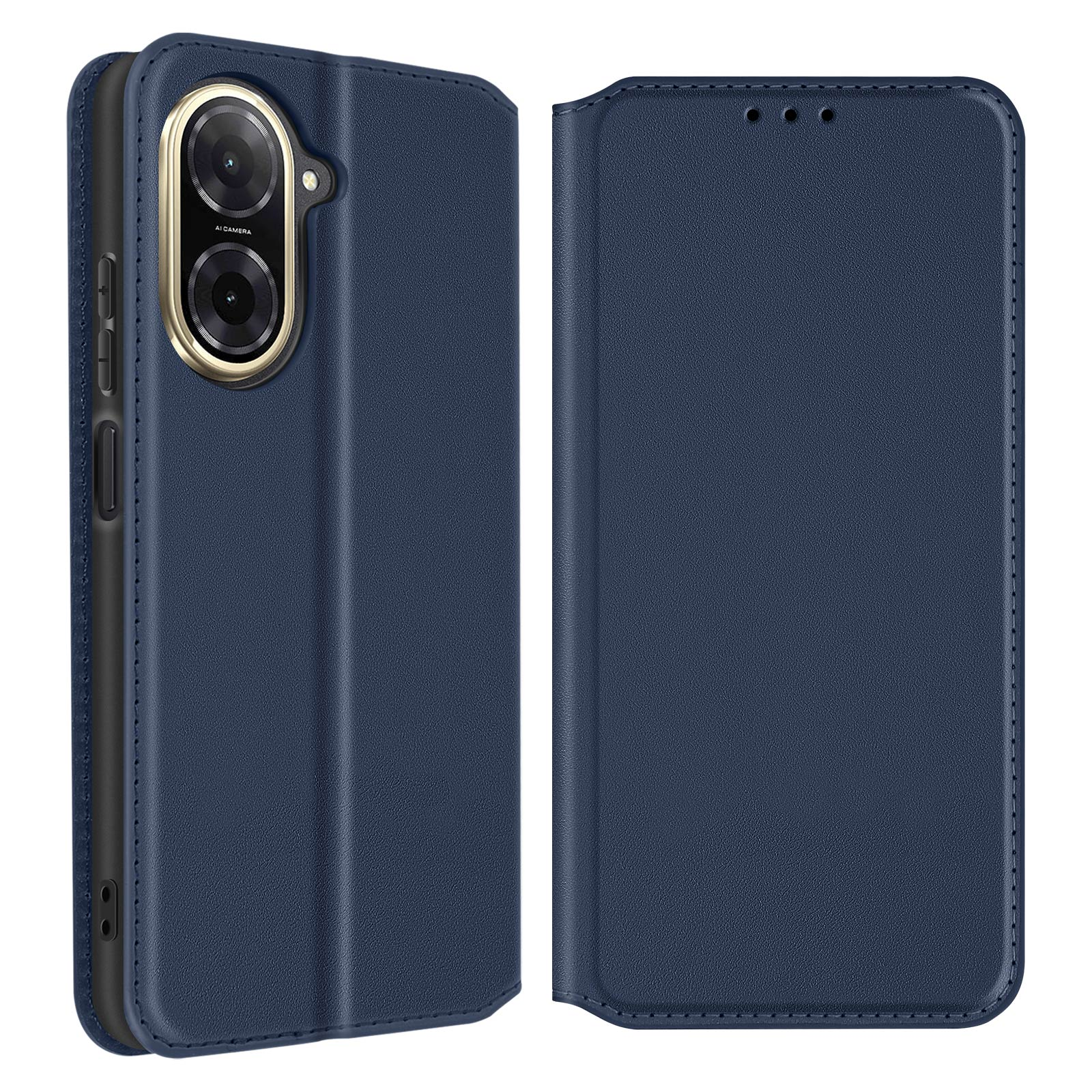 Custodia in pelle blu, aperta e chiusa. Mostra la fotocamera e il design del telefono.