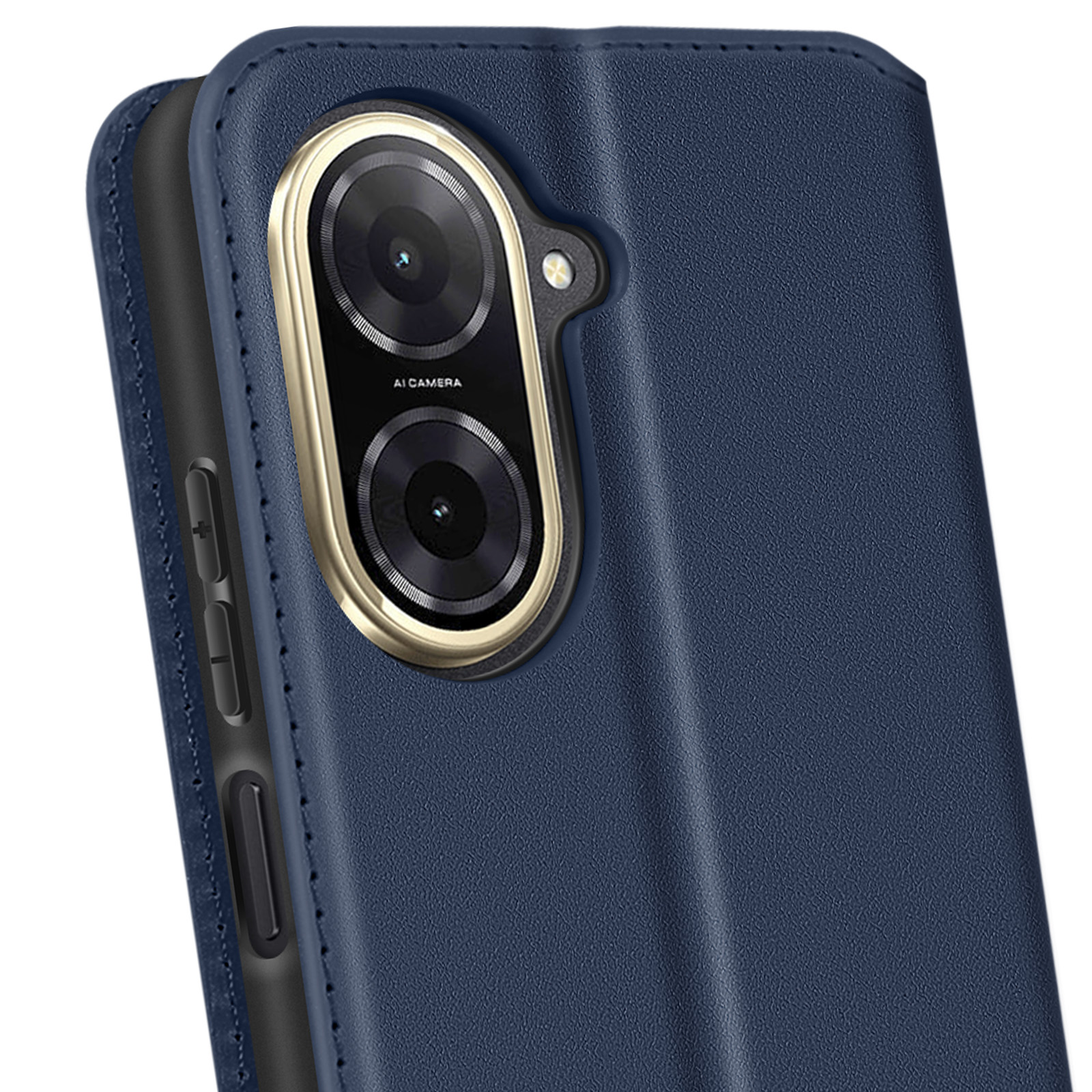 Primo piano di una custodia blu per telefono. Ha una fotocamera a doppia lente e un anello dorato.