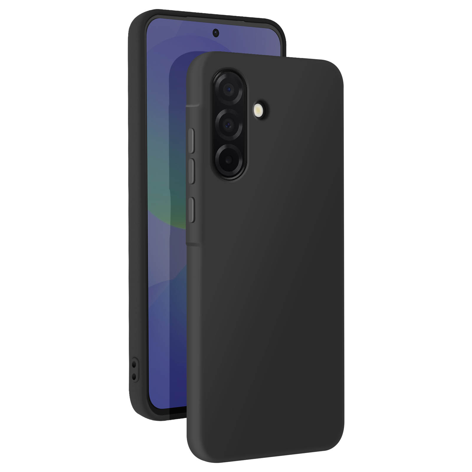 Custodia nera per telefono con un telefono all'interno. Il telefono ha uno schermo blu e fotocamere.