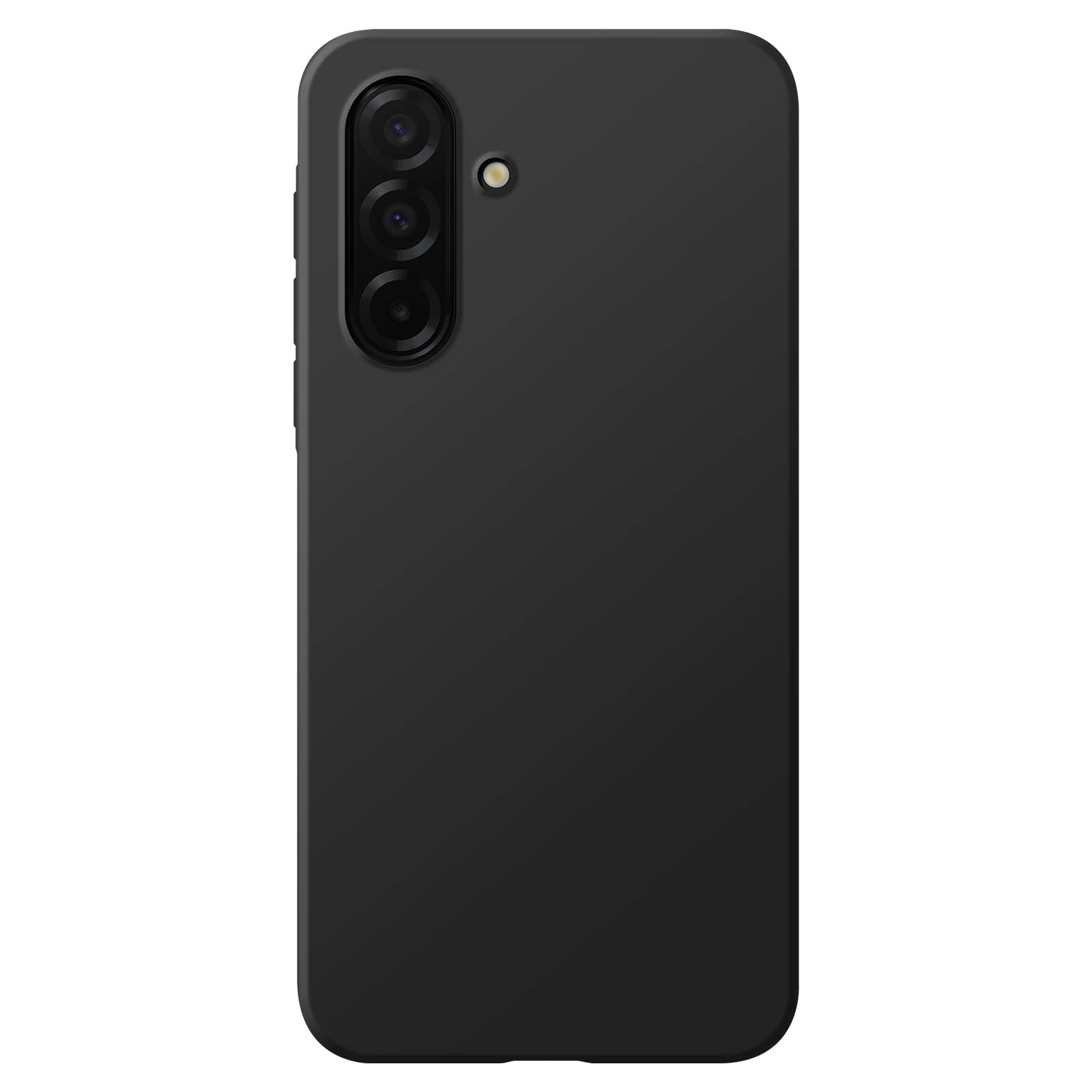 Telefono nero con tre fotocamere. I pulsanti sono sul lato. Il telefono è nero.