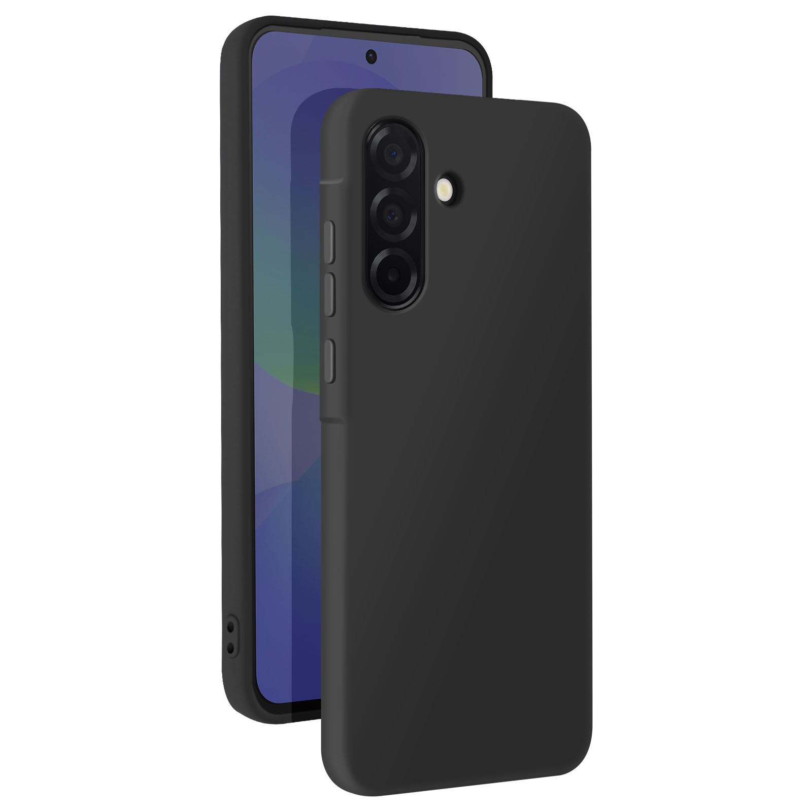 Telefono nero con tre fotocamere e una custodia nera. Il telefono è a sinistra.