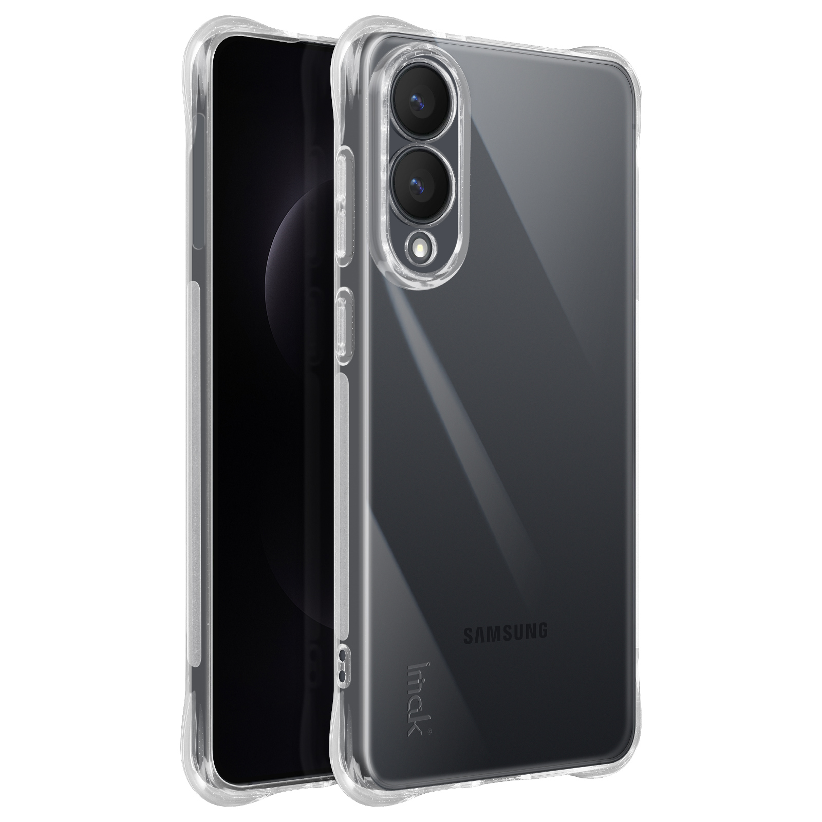 Telefono con custodia trasparente. Il telefono è visualizzato su sfondo bianco.