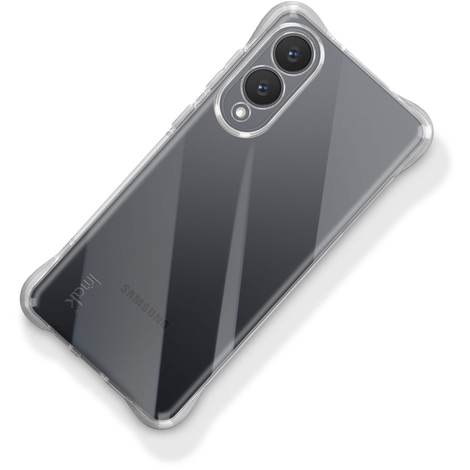 Telefono in una custodia trasparente. Ha tre fotocamere. Il marchio 'inak' è visibile.