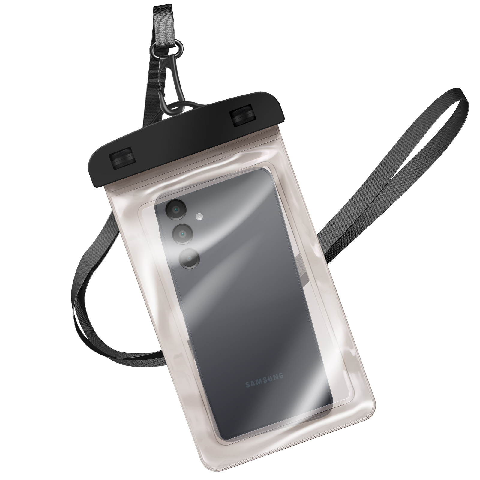 Custodia impermeabile trasparente per telefono con cinturino nero. Un telefono è all'interno.