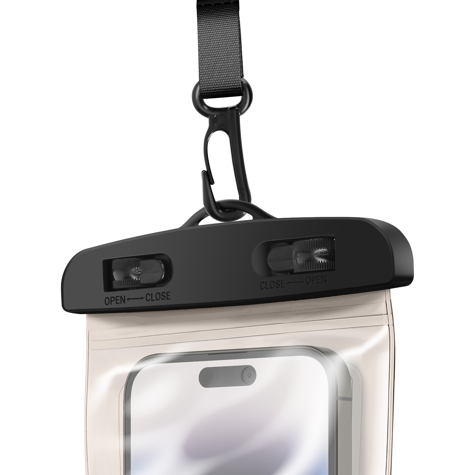 Borsa impermeabile per telefono con telefono all'interno. La borsa è trasparente, parte superiore nera.