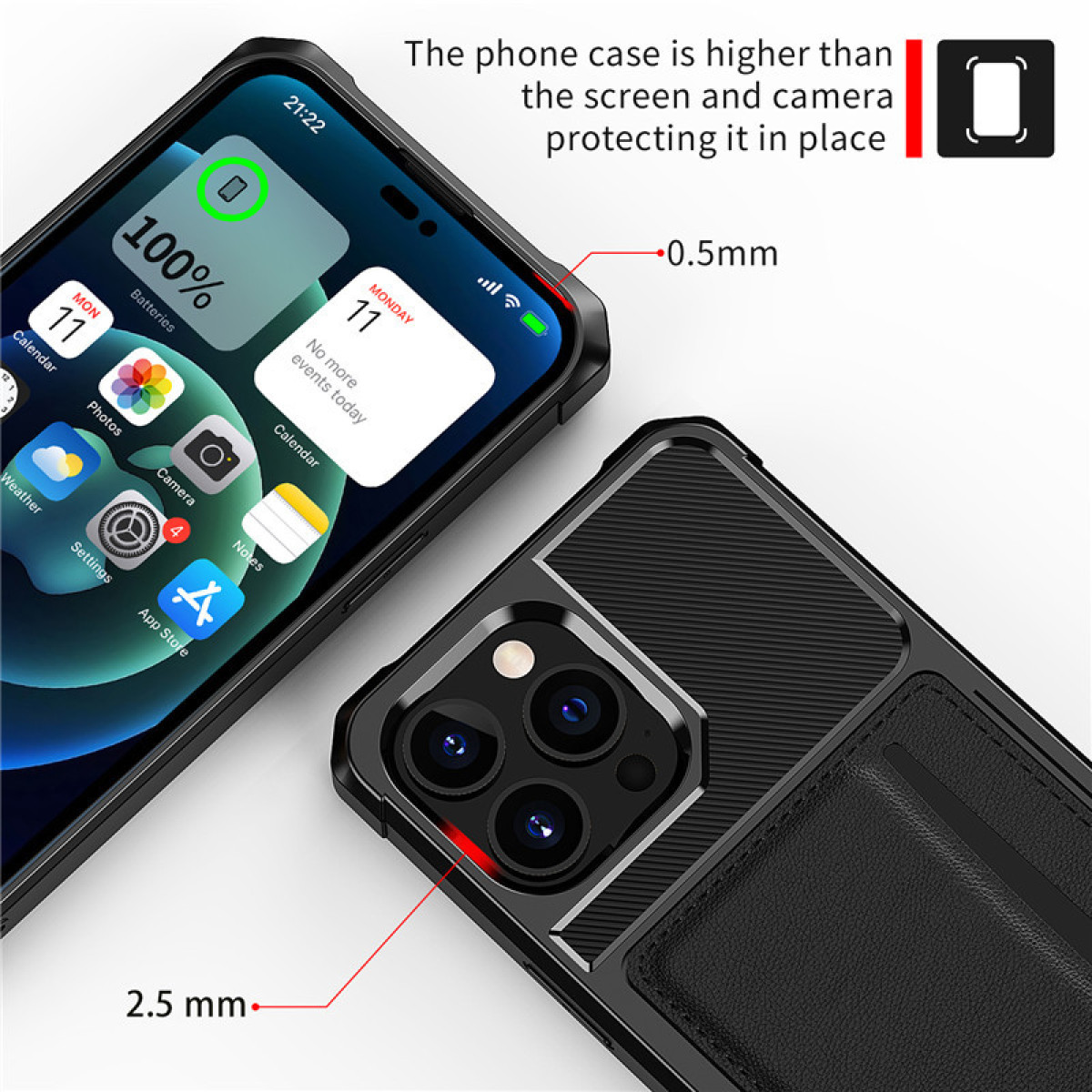 Custodia per telefono con telefono all'interno. Lo schermo e la fotocamera del telefono sono più alti della custodia.