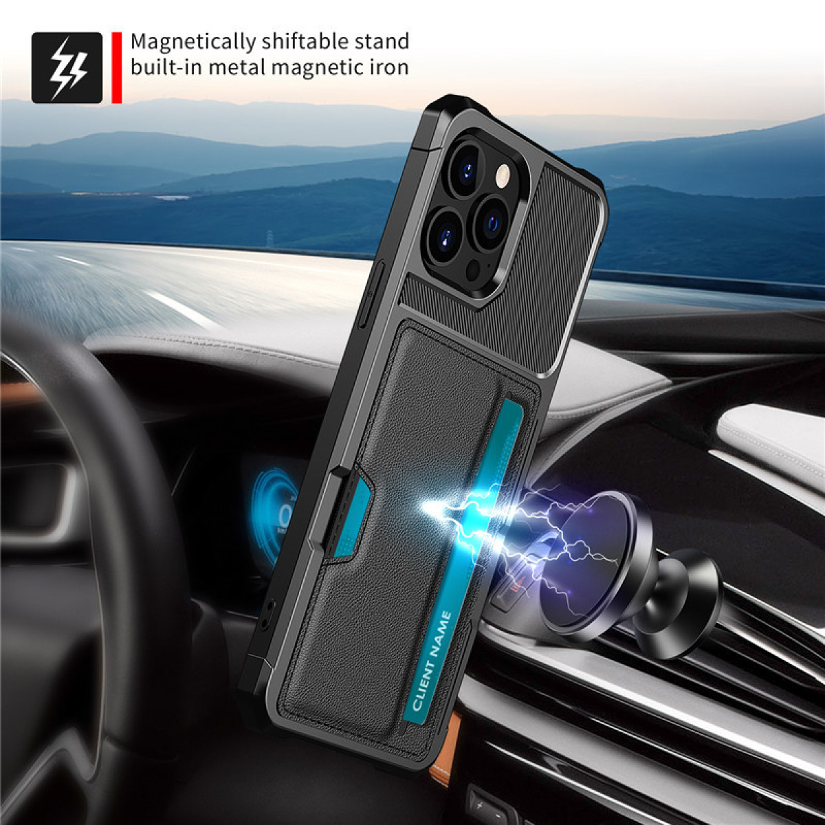 Custodia per telefono con telefono all'interno. La custodia è sul cruscotto di un'auto, con un supporto magnetico.
