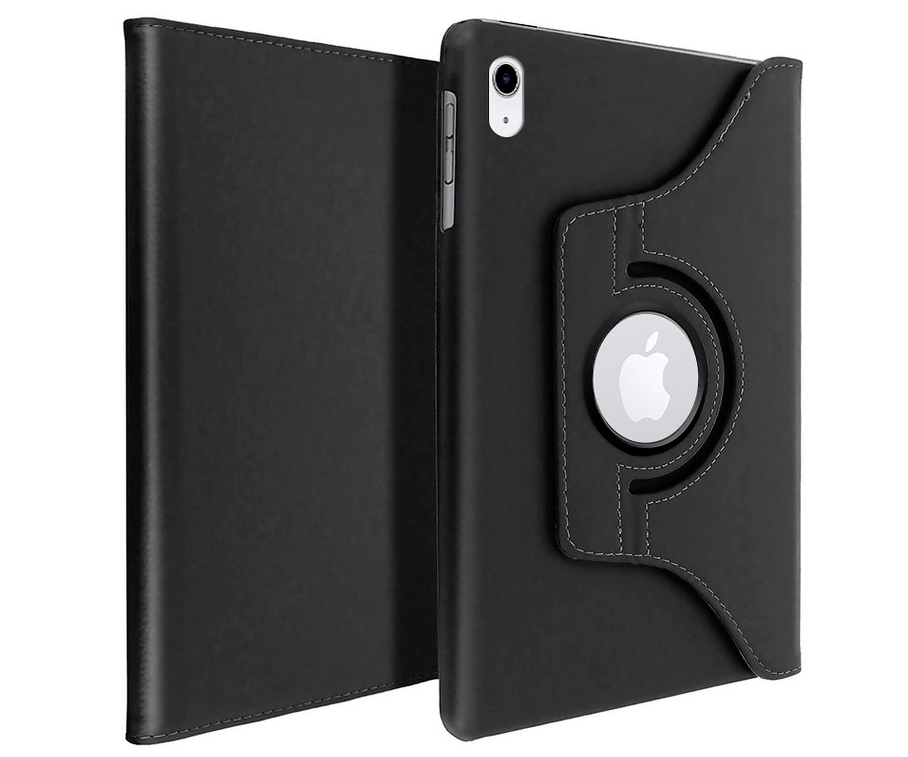 Schwarze Tablet-Hülle, offen, mit sichtbarem Apple-Logo. Die Hülle dreht sich, mit weißem Hintergrund.