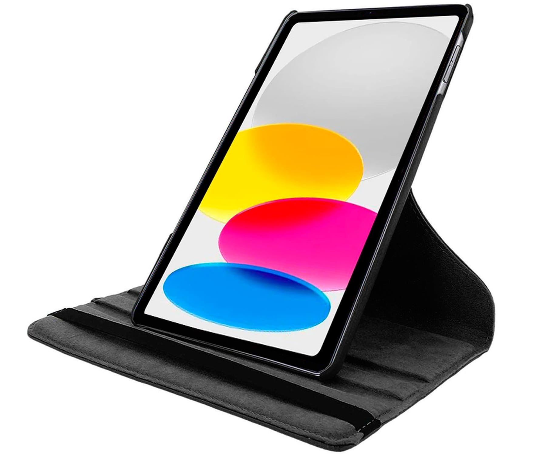 Schwarze Tablethülle mit Tablet darin. Der Koffer ist offen, abgewinkelt auf einer schwarzen Oberfläche.