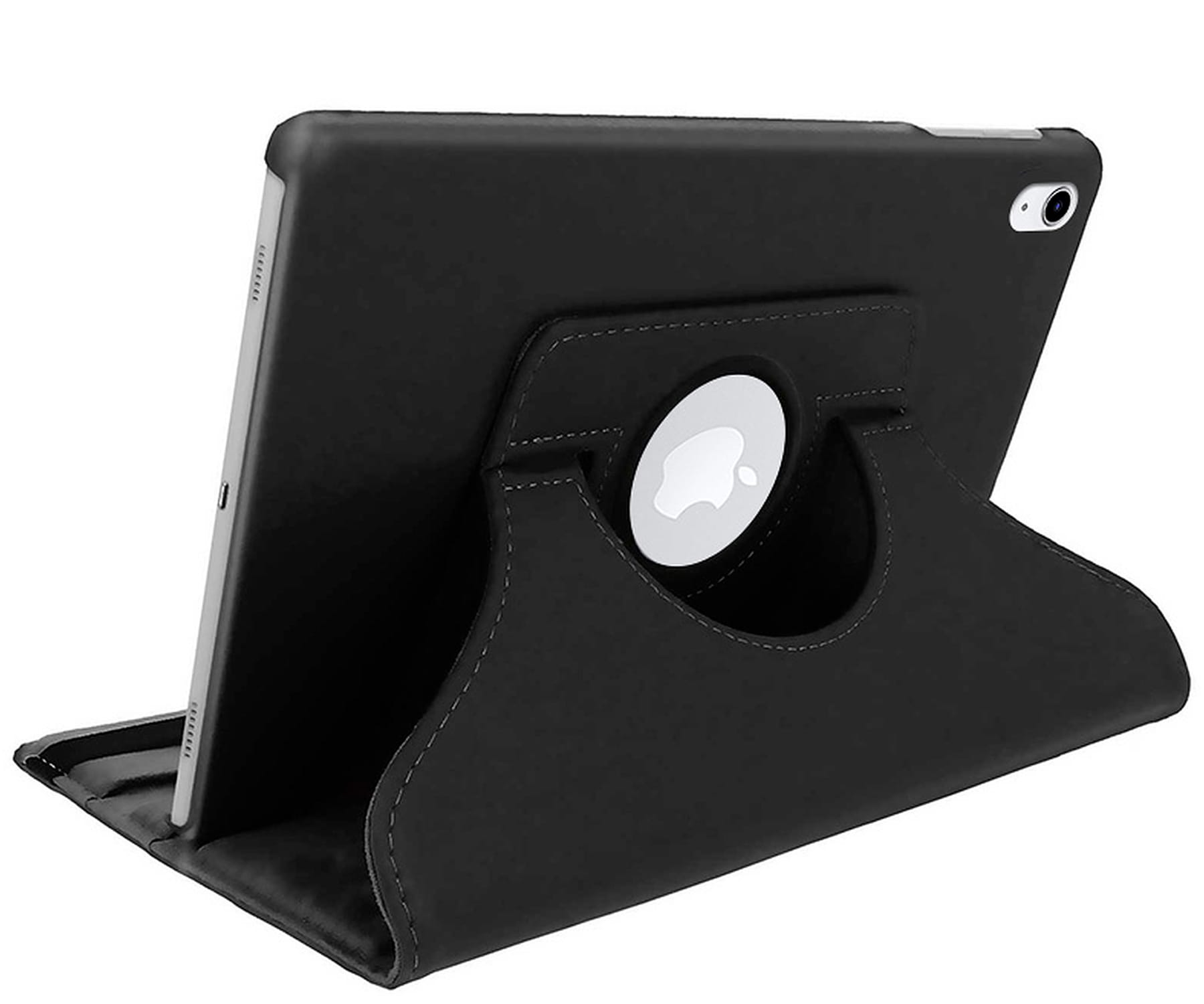 Tablet-Hülle, die sich drehen lässt. Schwarze Farbe, mit weißem Apple-Logo.