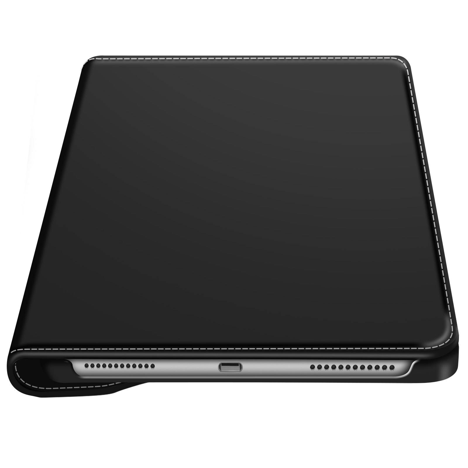 Geschlossene schwarze Tablet-Hülle, zeigt die Kante mit Ladeanschluss. Lederähnliches Material.