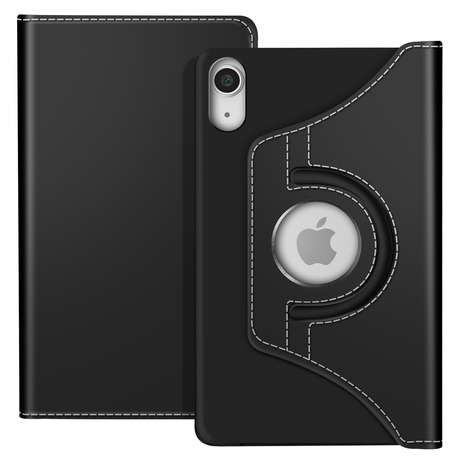 Drehbare Tablet-Hülle. Schwarze Farbe, mit weißem Apple-Logo. Der Koffer ist geschlossen.