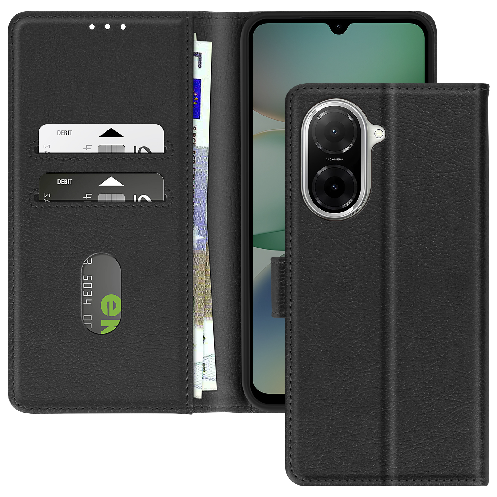 Étui de téléphone noir ouvert, montrant téléphone avec cartes et argent. Simili cuir.