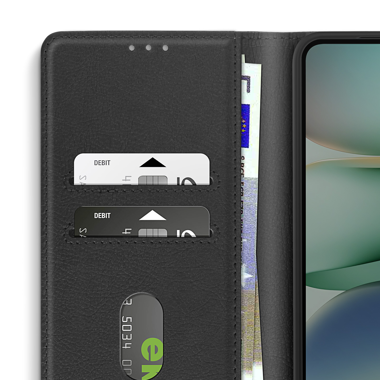 Coque de téléphone noire, avec cartes et argent à l'intérieur. L'étui est ouvert, vue de face.