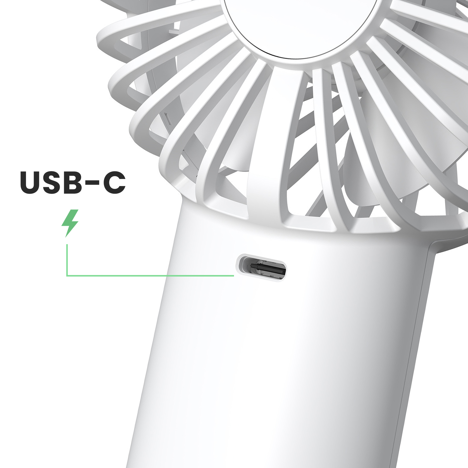 Weißer tragbarer Ventilator mit USB-C-Anschluss. Der Text "USB-C" und ein Blitz sind auf dem Bild.