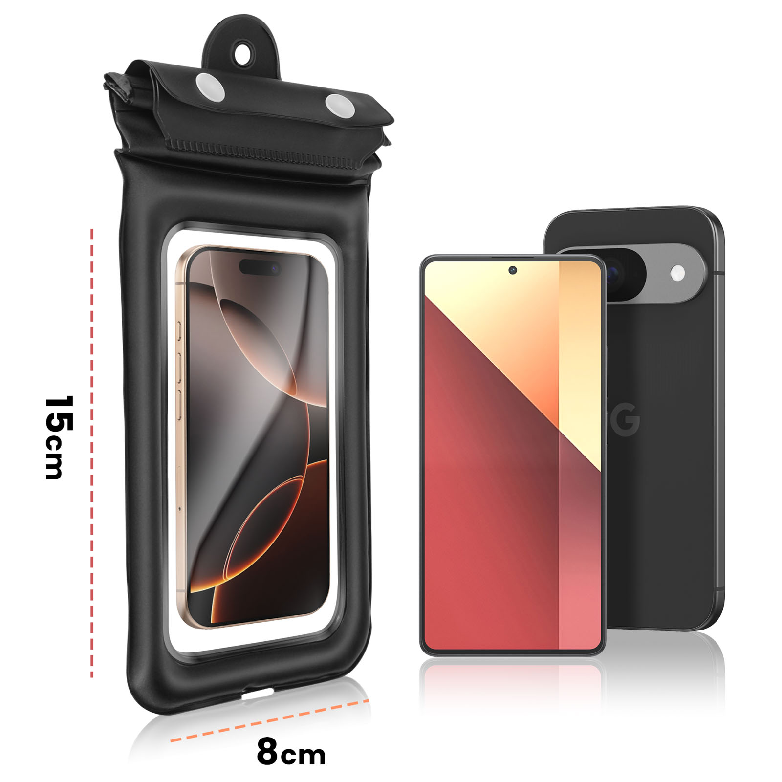 Custodia impermeabile nera per telefono con un telefono all'interno. Le dimensioni sono 15 cm per 8 cm. Sfondo bianco.