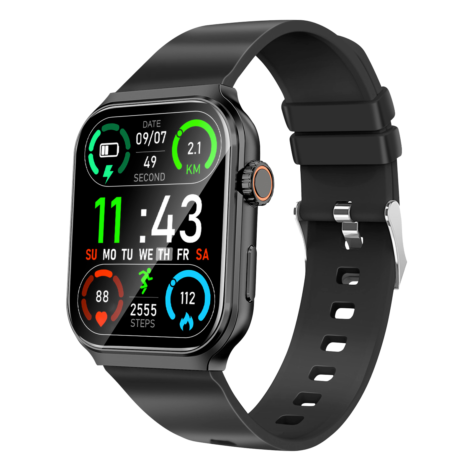 Smartwatch nero con display digitale che mostra ora, data e metriche di fitness. Cinturino nero.