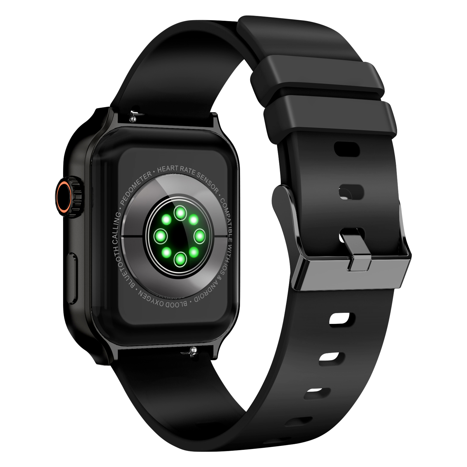 Smartwatch nero con cinturino nero. L'orologio mostra frequenza cardiaca, ossigeno nel sangue e altre metriche di salute.
