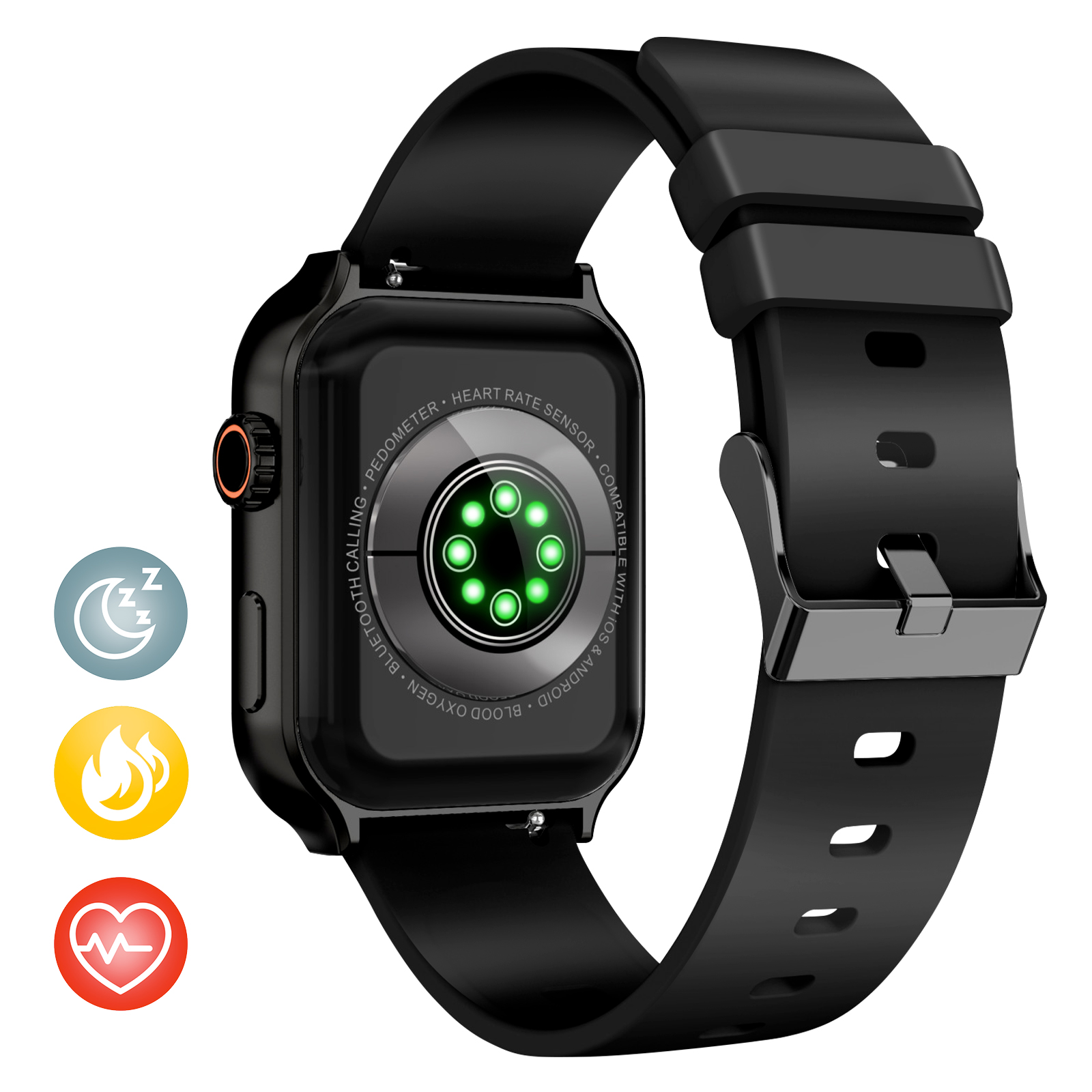 Smartwatch nero, vista posteriore, mostra il sensore di frequenza cardiaca e le icone. Cinturino nero e pulsante arancione.