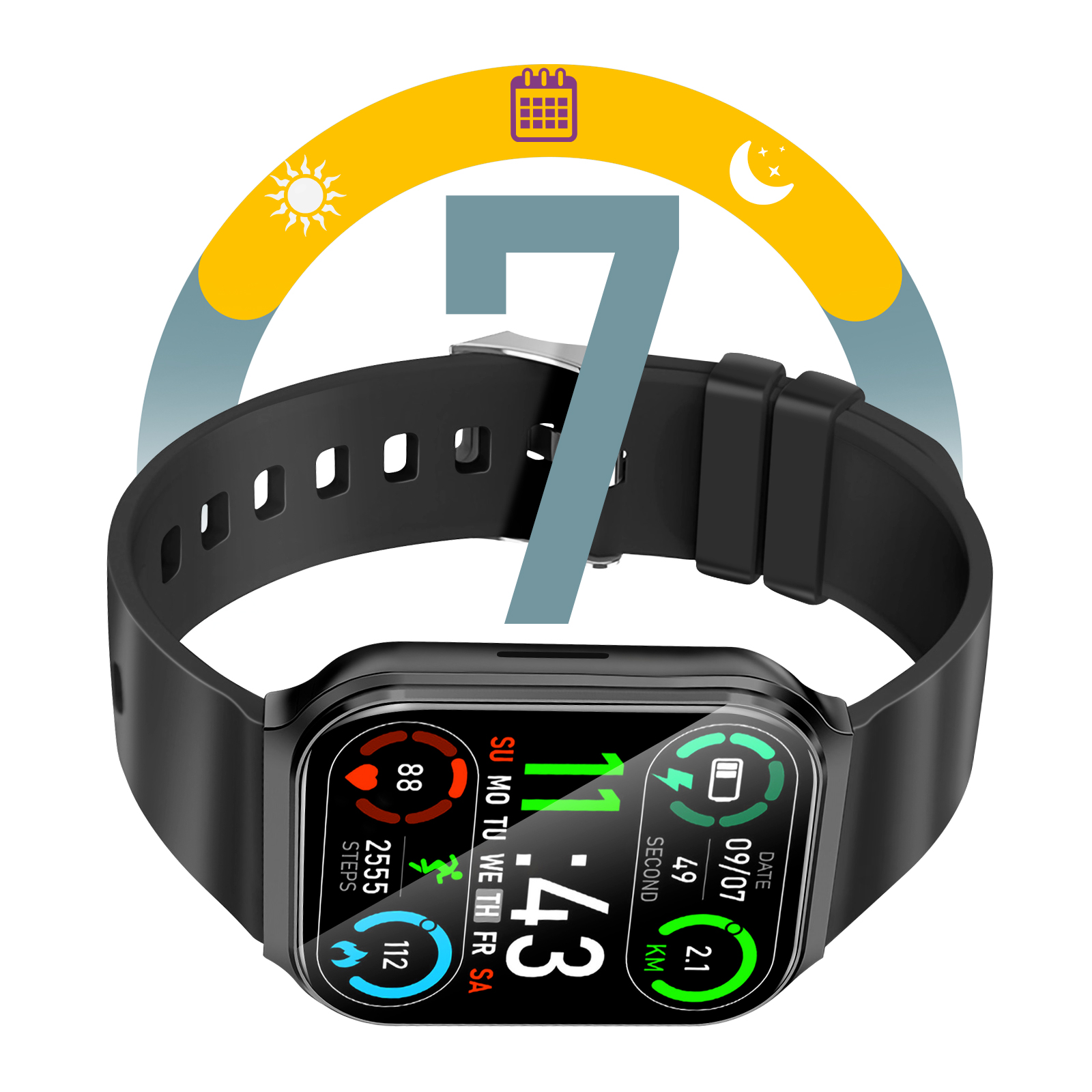 Smartwatch nero che mostra ora, data, passi e distanza. Un grafico con il numero 7 sopra.
