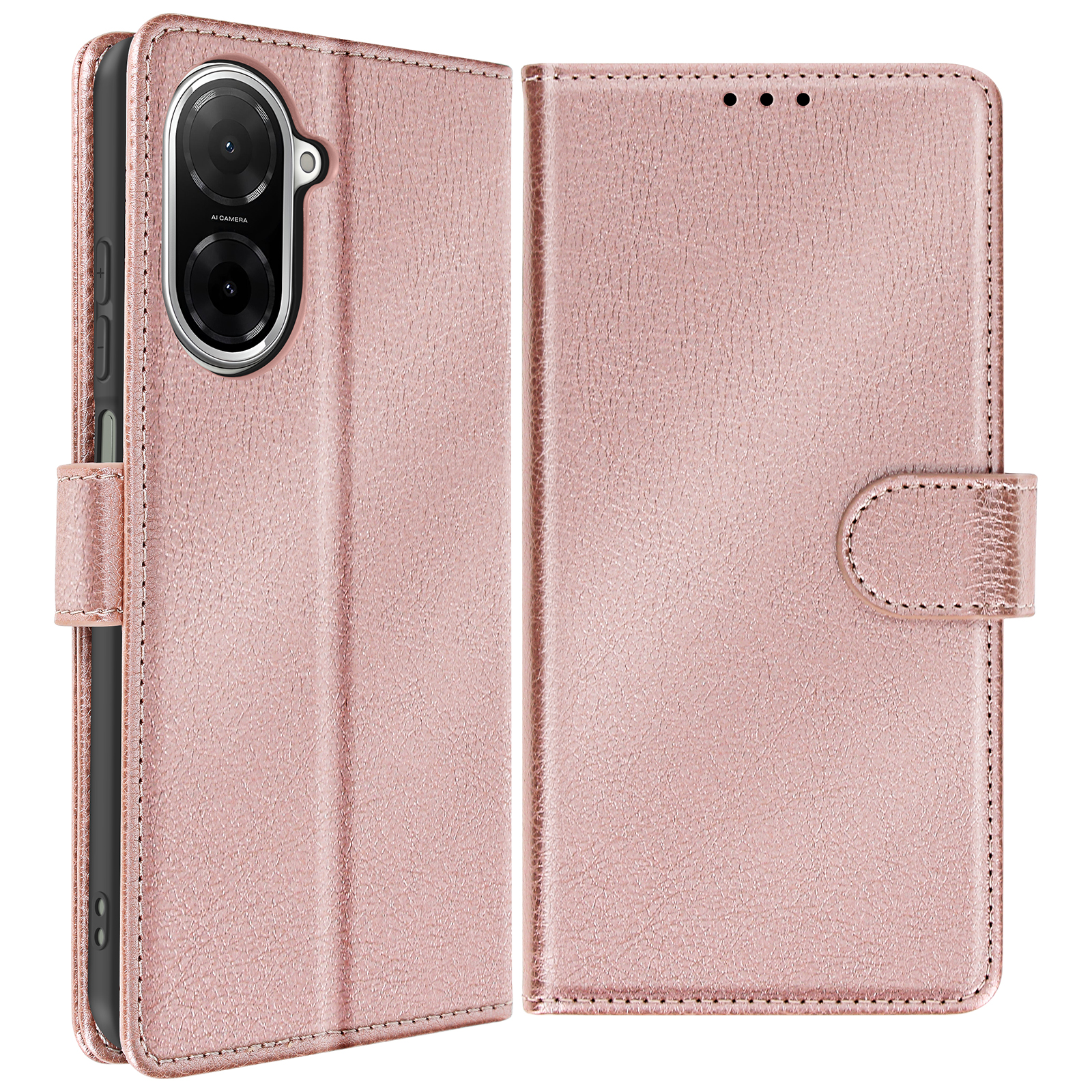 Custodia per telefono rosa, aperta. Mostra il telefono e l'interno della custodia. Chiusura con bottone visibile.