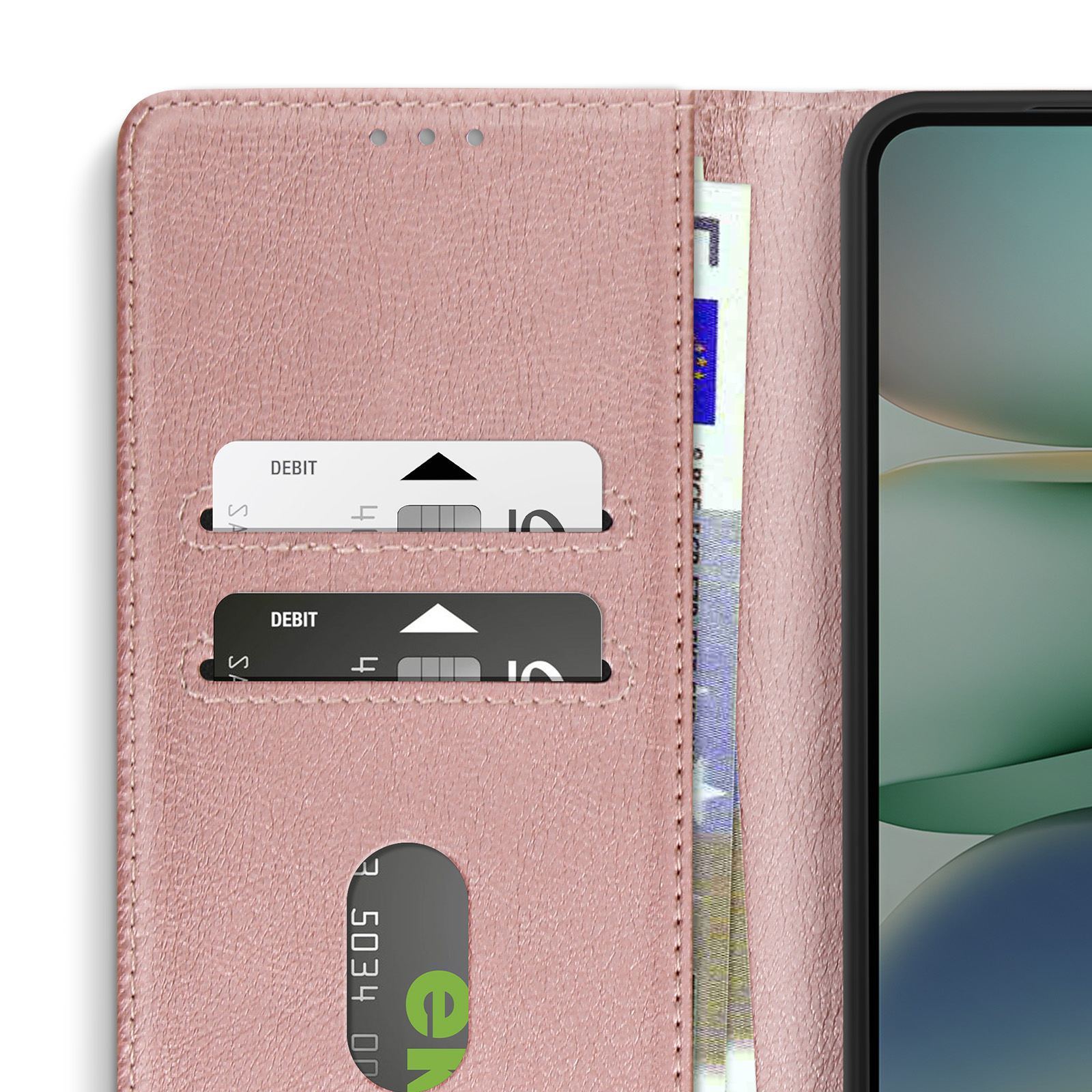Custodia per telefono rosa, aperta, con carte di debito e una banconota in euro all'interno. Due slot per carte sono visibili.