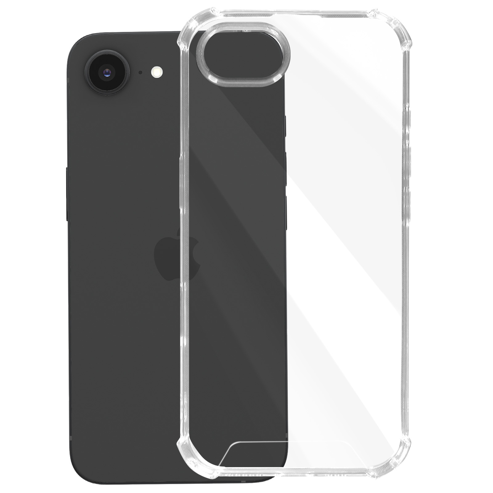 Smartphone nero con una custodia protettiva trasparente. La custodia avvolge i bordi del telefono.