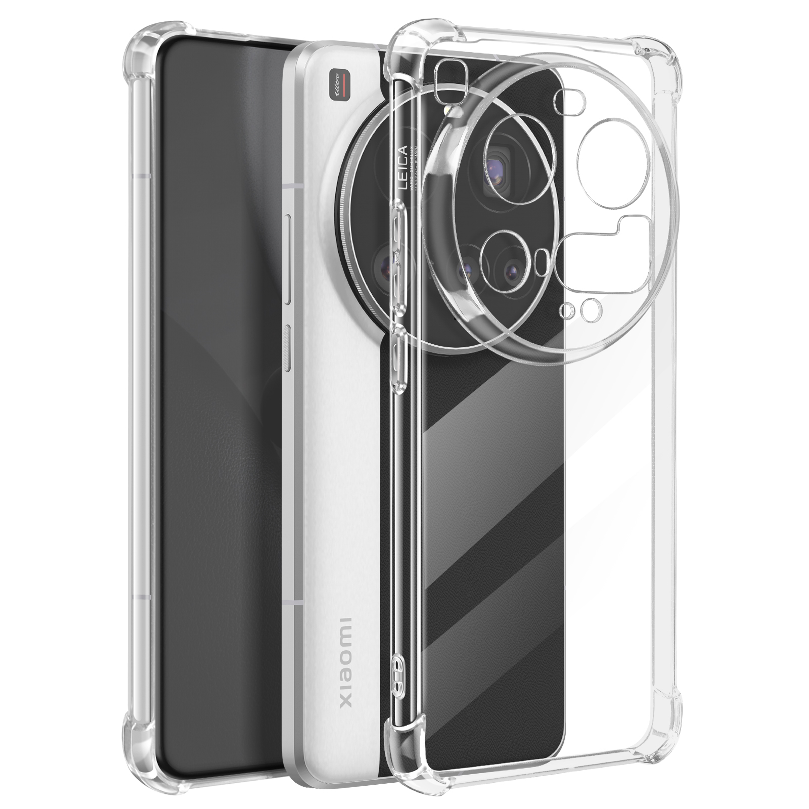 Un telefono Xiaomi bianco con una custodia trasparente. La custodia avvolge i bordi del telefono.