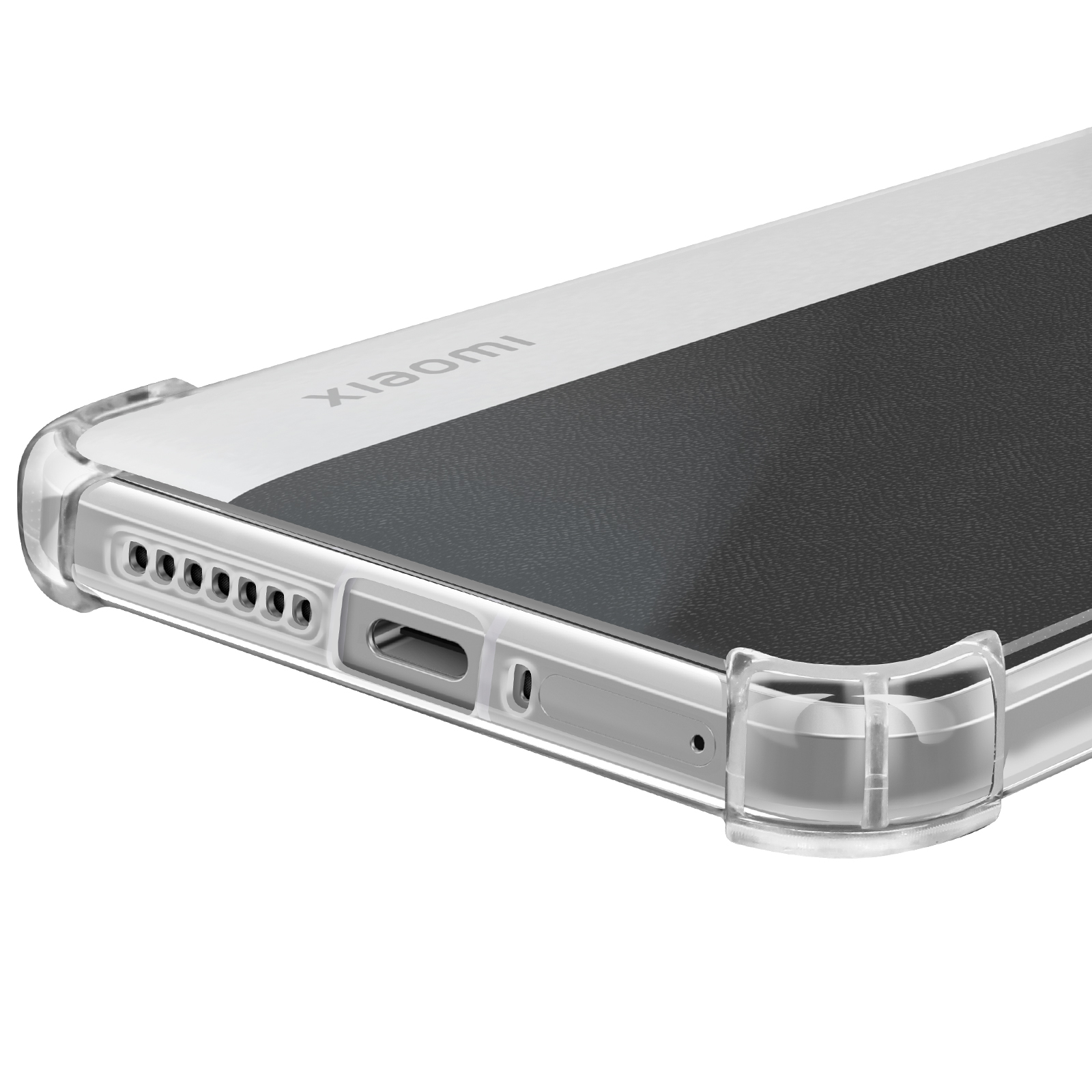Primo piano di una custodia trasparente su un telefono Xiaomi bianco e nero, che mostra la porta e il logo Xiaomi.