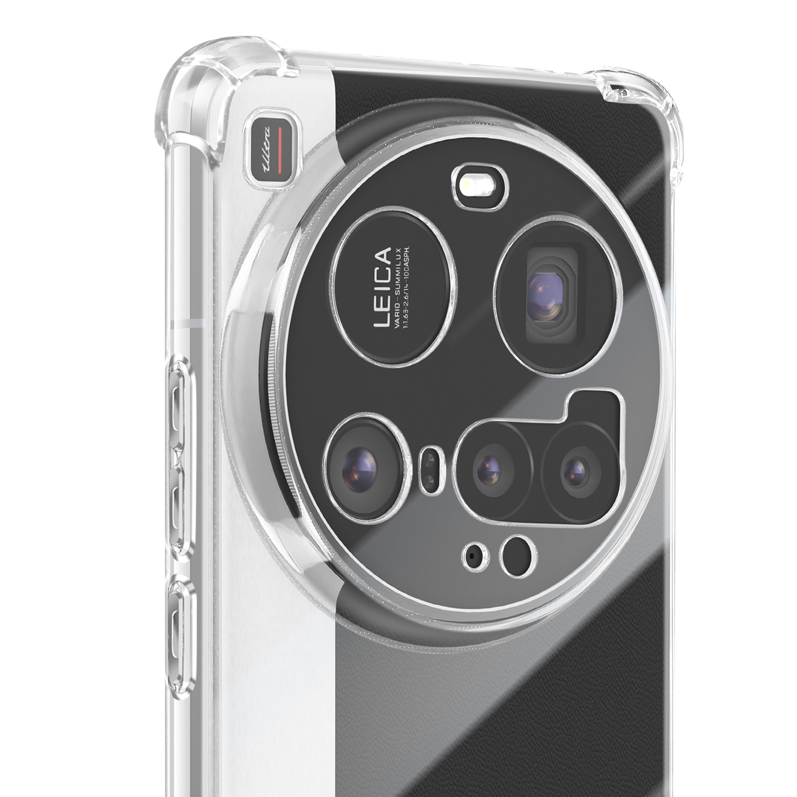 Custodia trasparente su un telefono con fotocamere Leica. La custodia evidenzia le lenti della fotocamera.