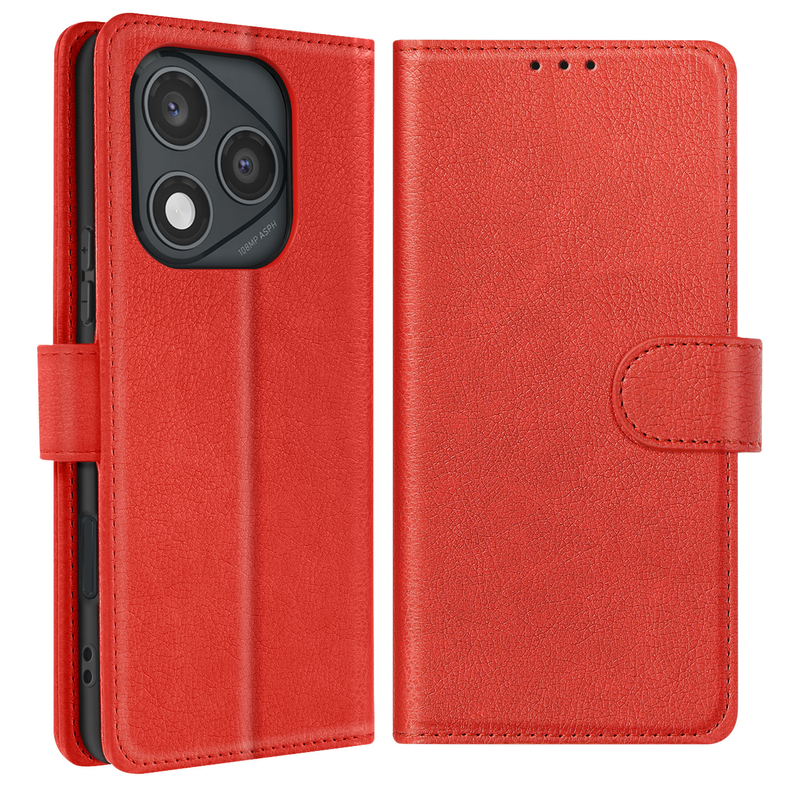 Custodia per telefono in pelle rossa aperta, con il telefono visibile sul lato sinistro, che mostra gli obiettivi della fotocamera.