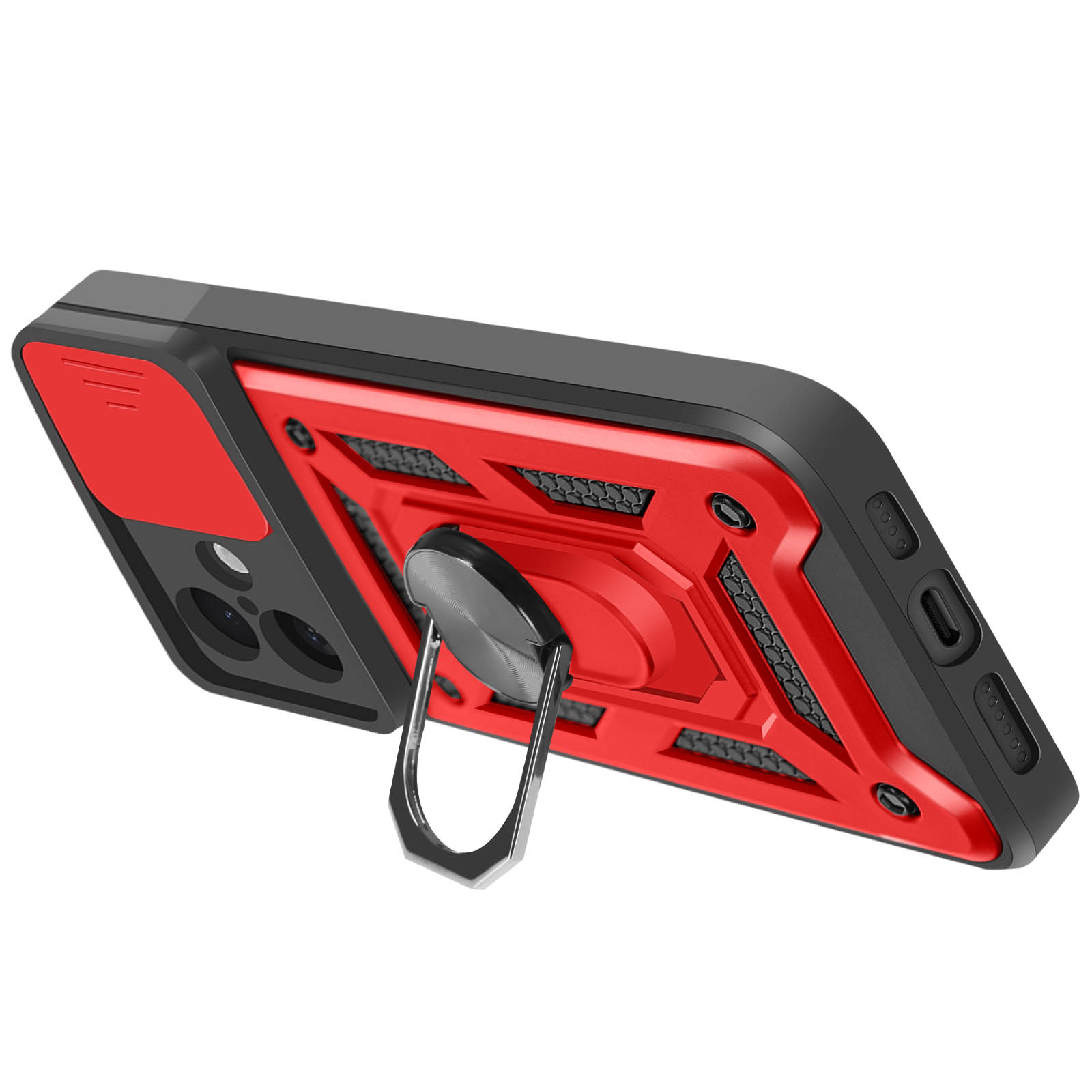 Custodia rossa e nera con supporto ad anello e copertura della fotocamera. Il telefono è su un tavolo.