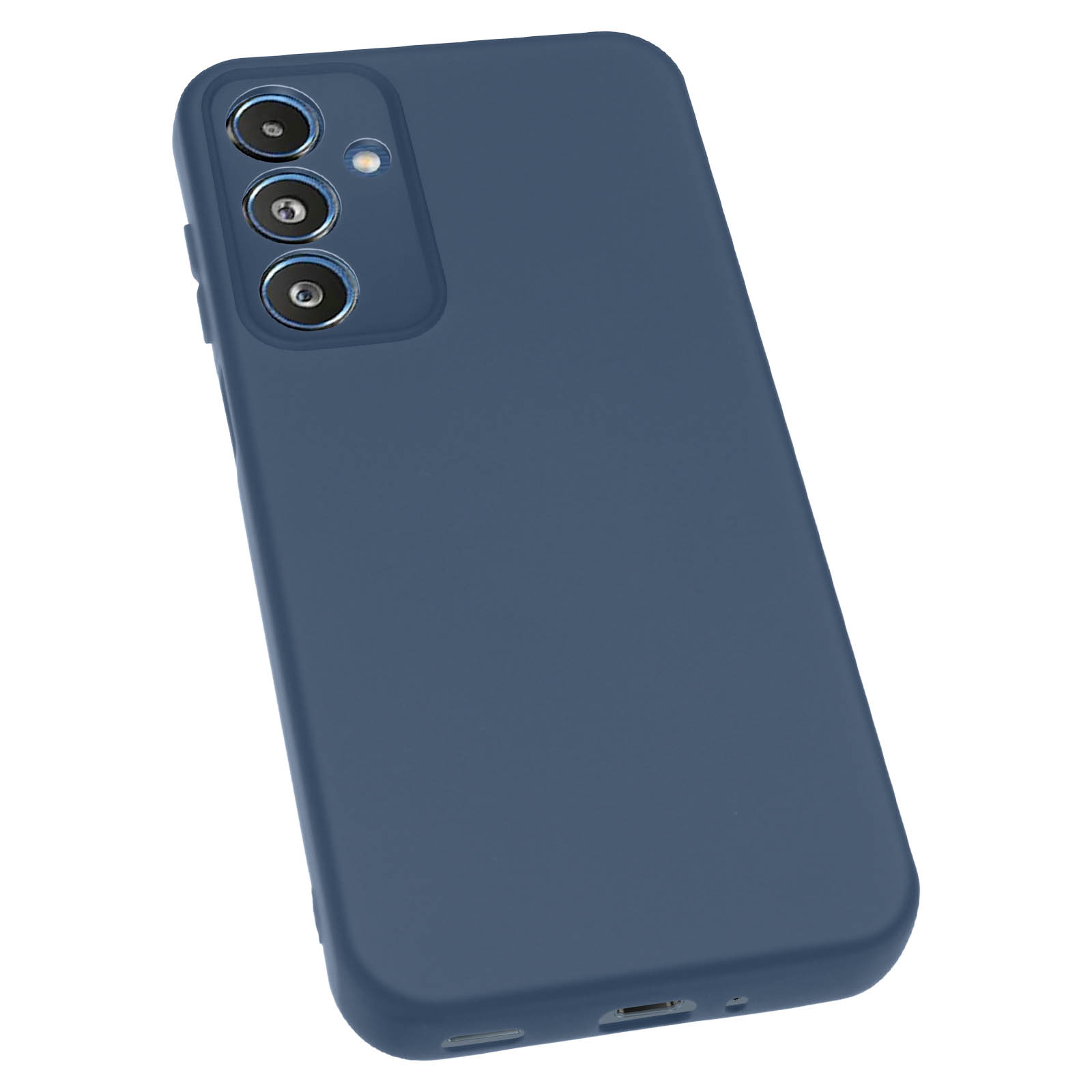 Una custodia blu per telefono con tre fotocamere. La custodia è su uno sfondo bianco.