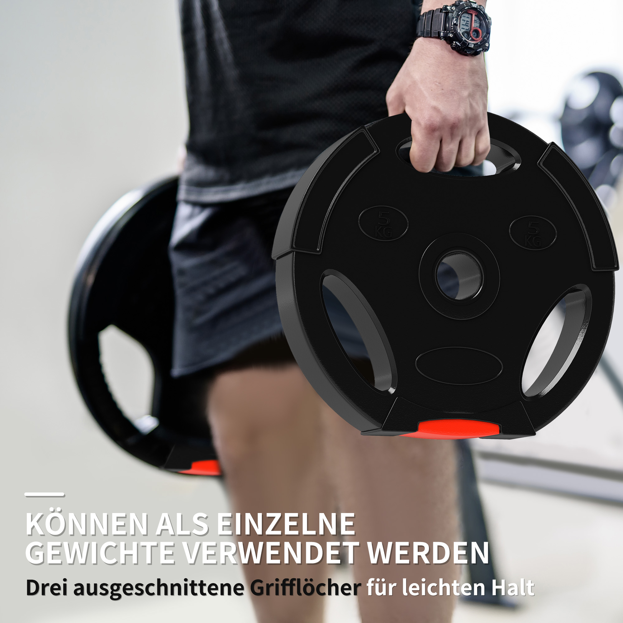 Mann hält schwarze Hantelscheibe. Text auf Deutsch. Fitnessstudio-Umgebung.
