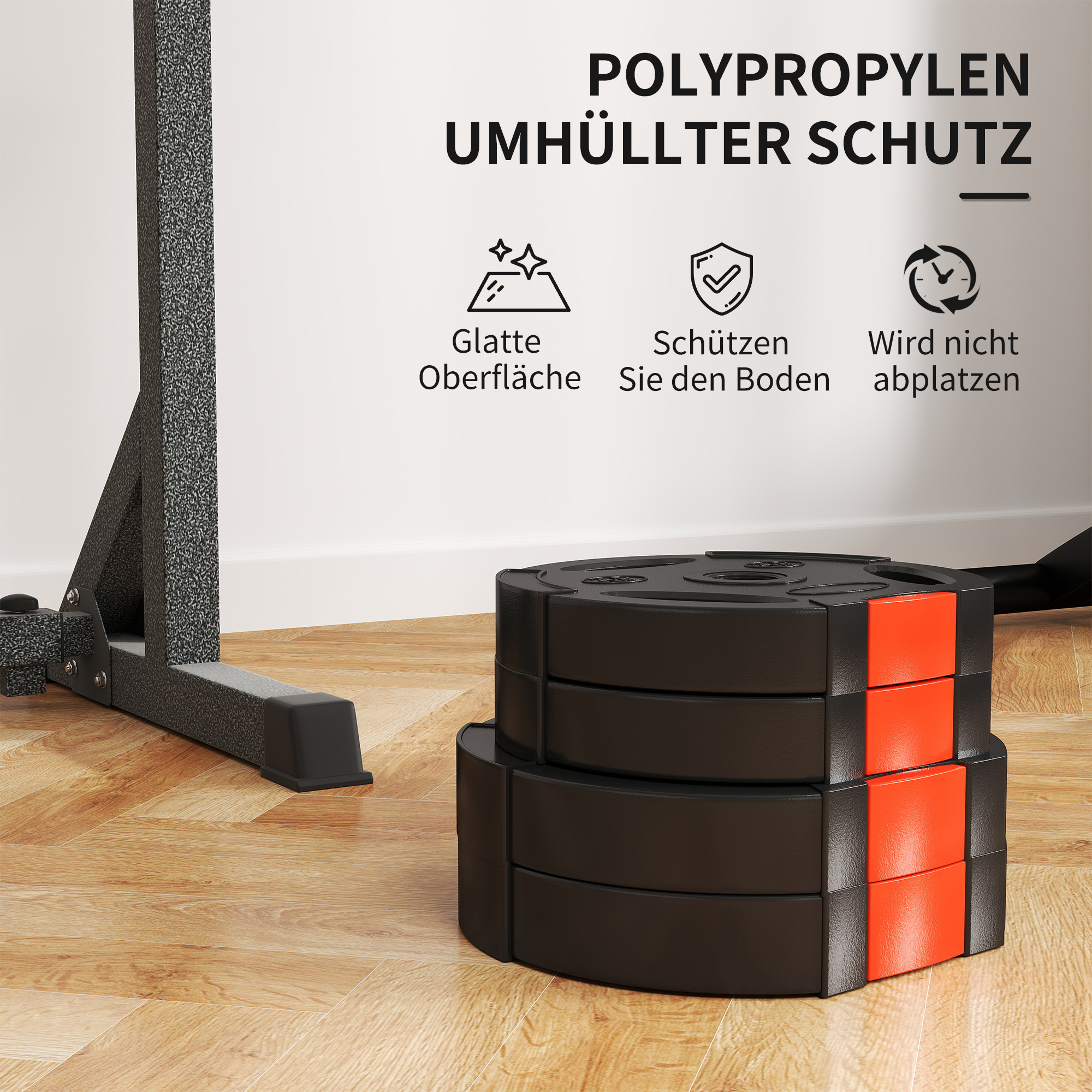 Ein Gewichthebeständer mit schwarzen und orangenen Gewichten. Text: Glatte Oberfläche, Schützen Sie den Boden, Blättert nicht ab.