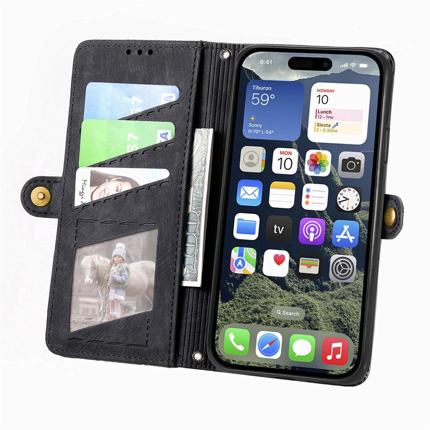 Eine offene Handyhülle, die ein Telefon mit Karten, Bargeld und einem Foto zeigt. Die Hülle ist schwarz.