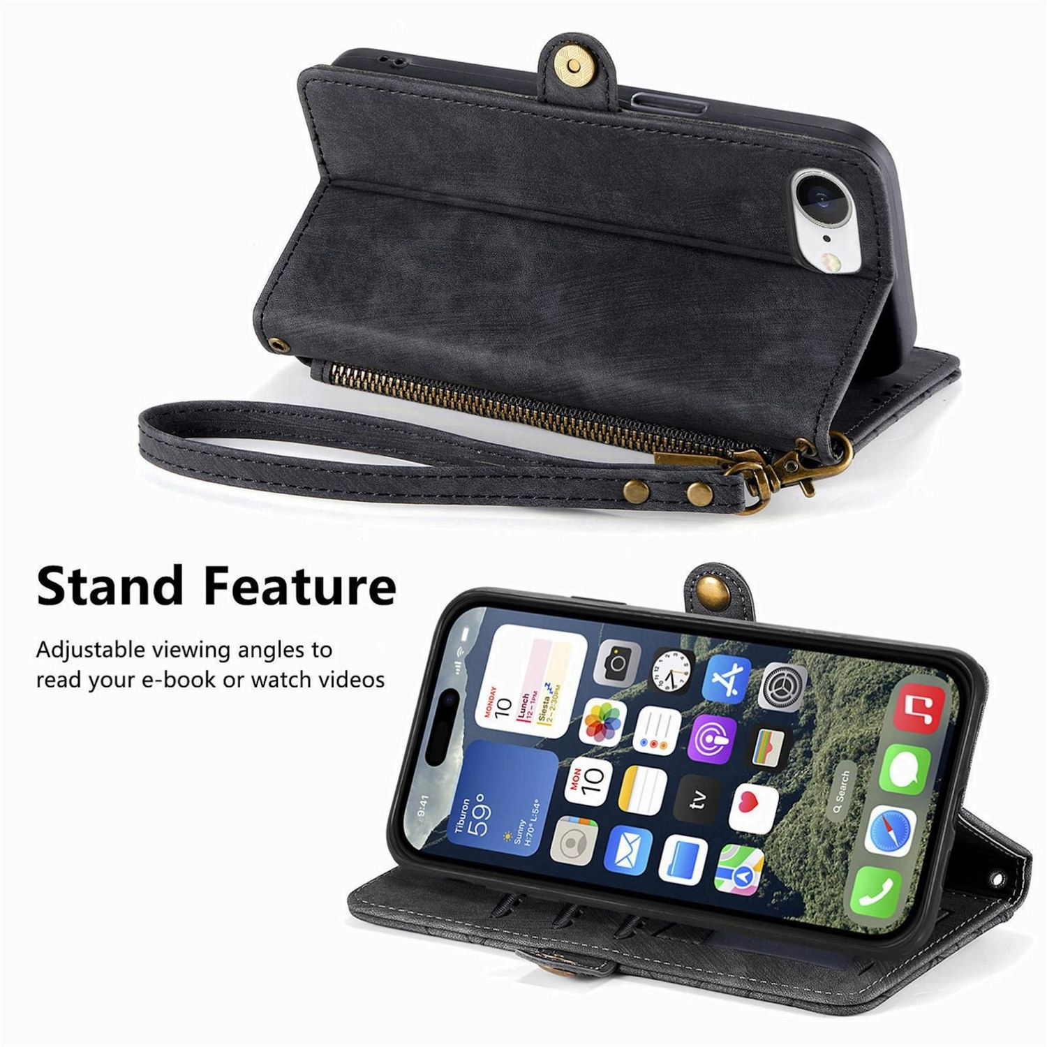 Telefon in geöffneter Brieftasche. Ständerfunktion aktiviert. App-Symbole sichtbar.